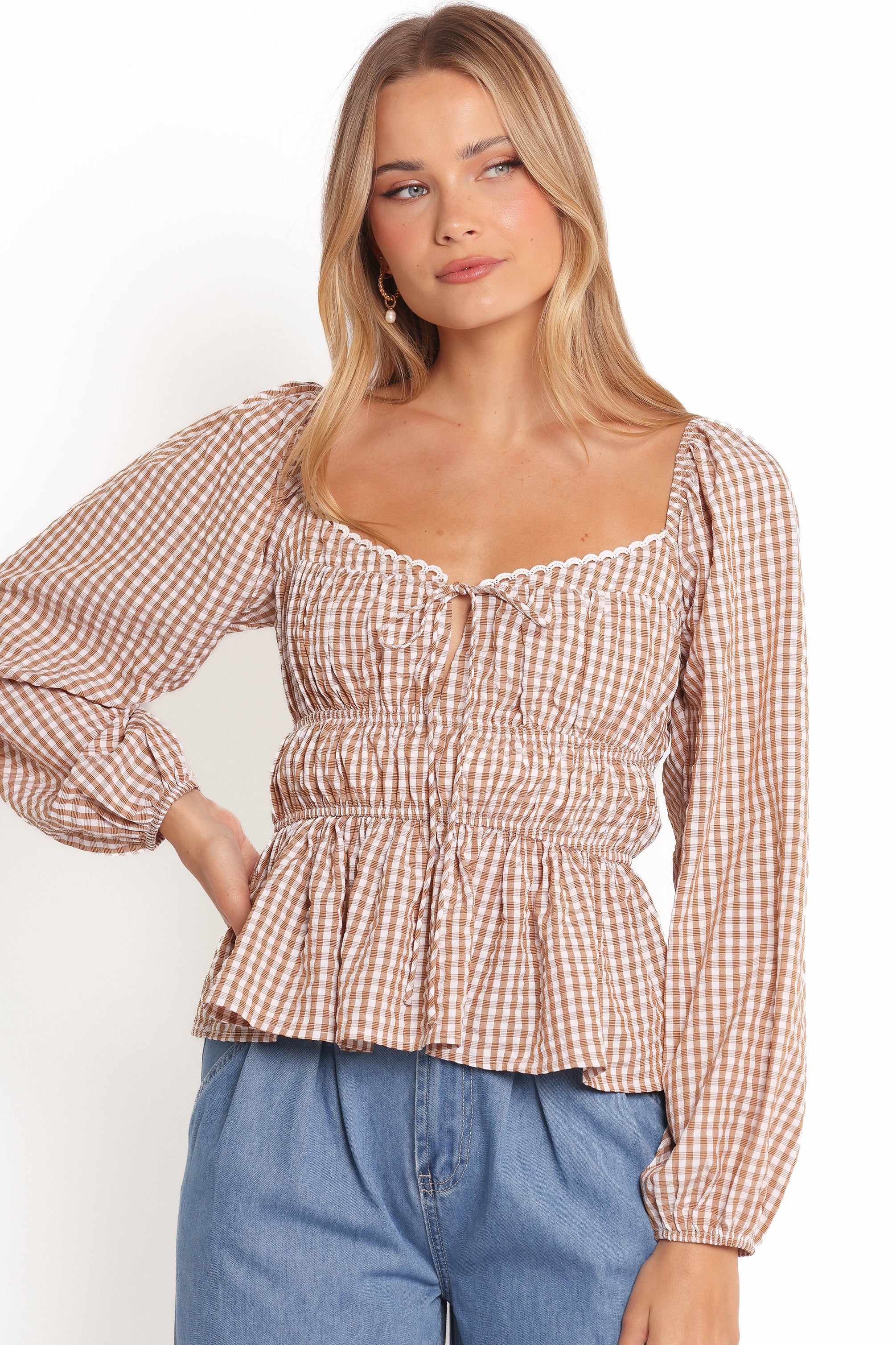 TOPS Saphia Top - Brown Check