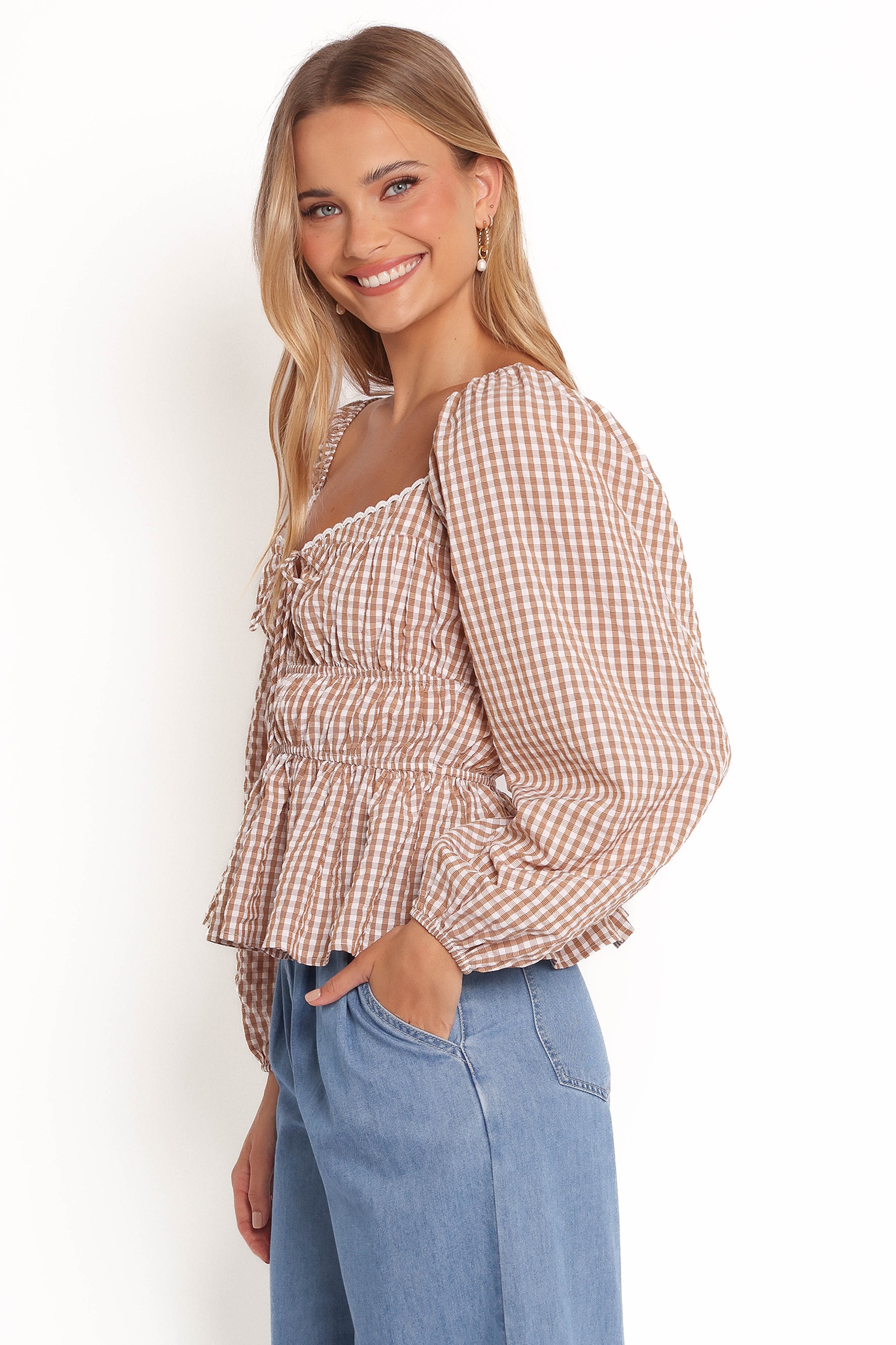 TOPS Saphia Top - Brown Check