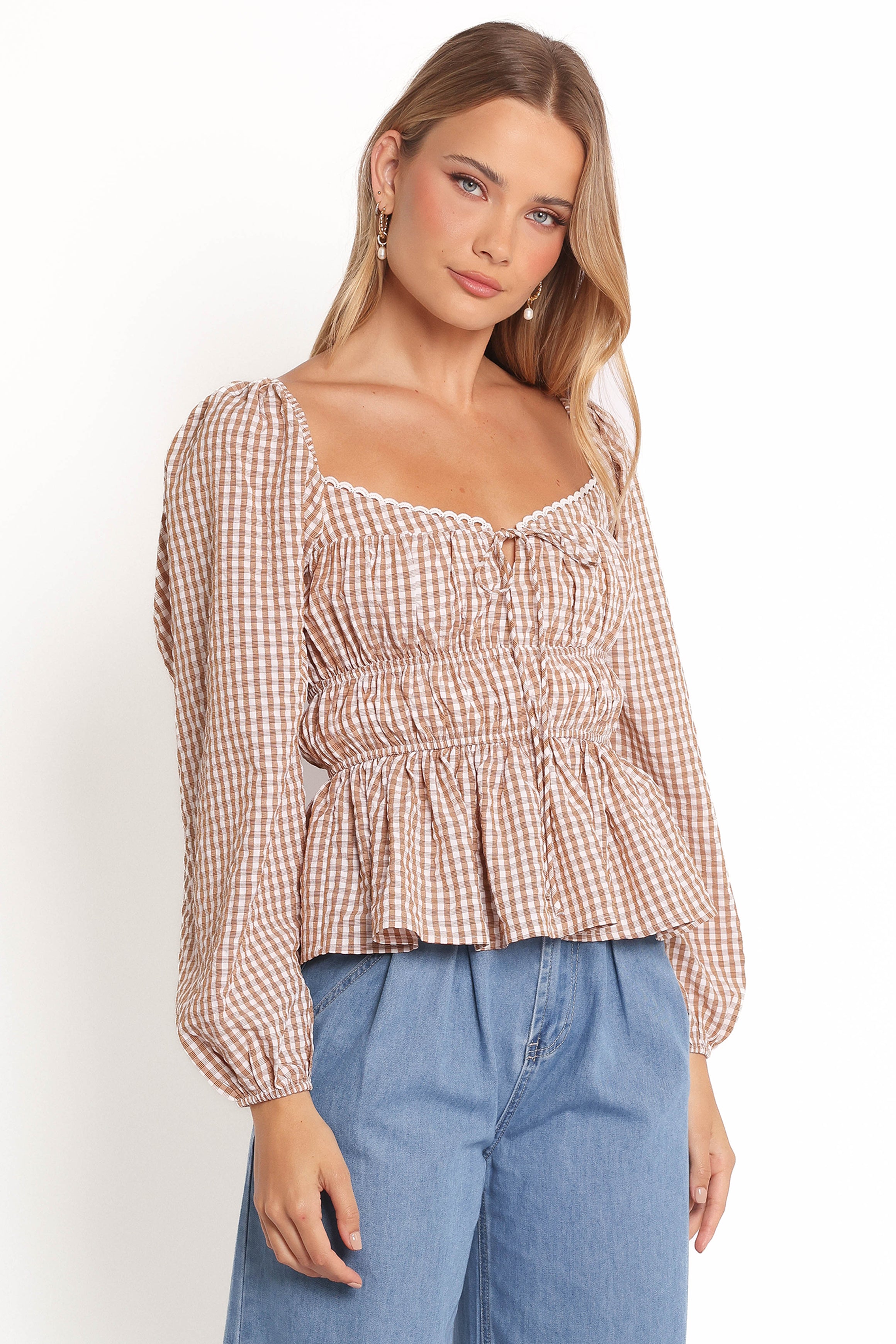 TOPS Saphia Top - Brown Check