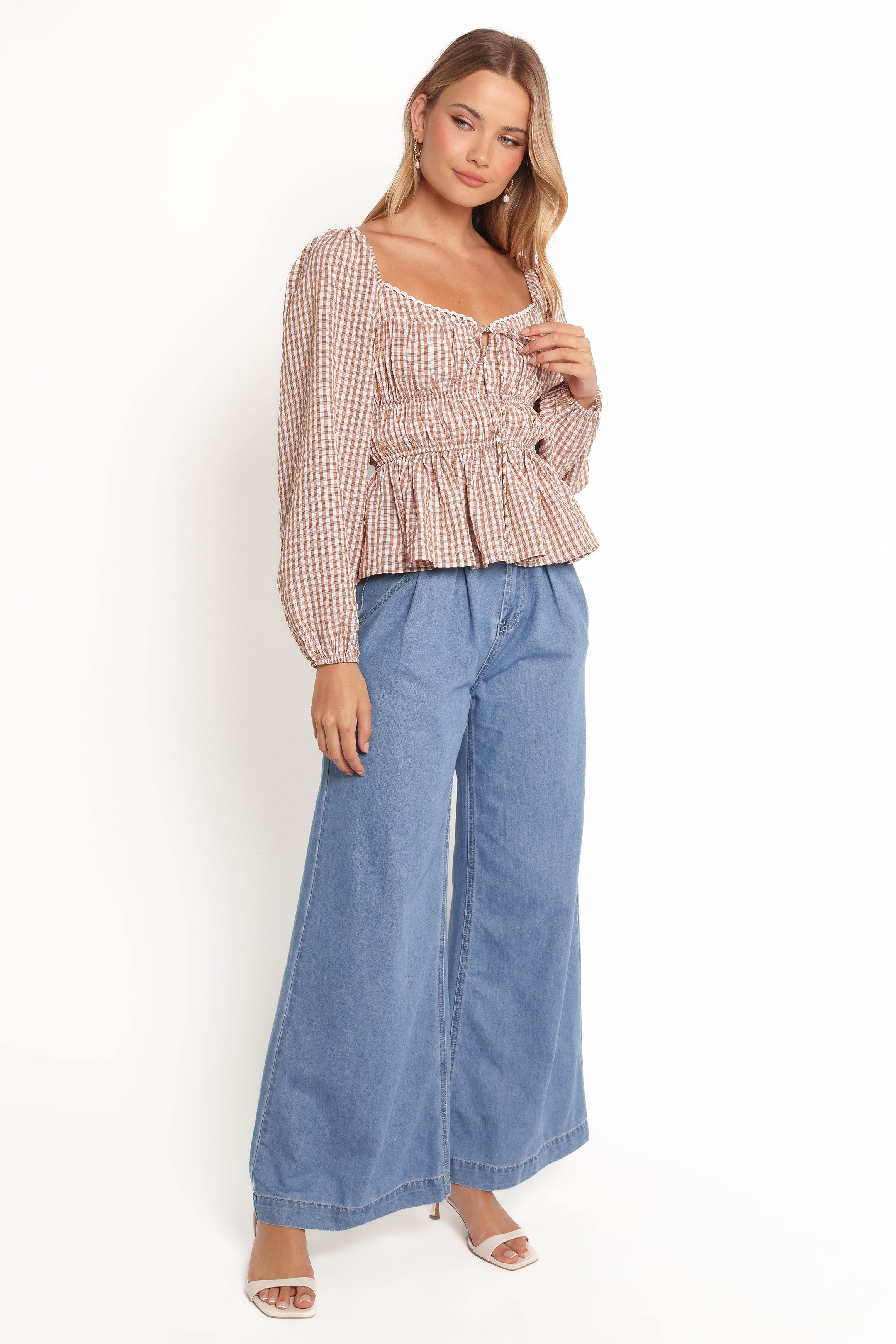 TOPS Saphia Top - Brown Check