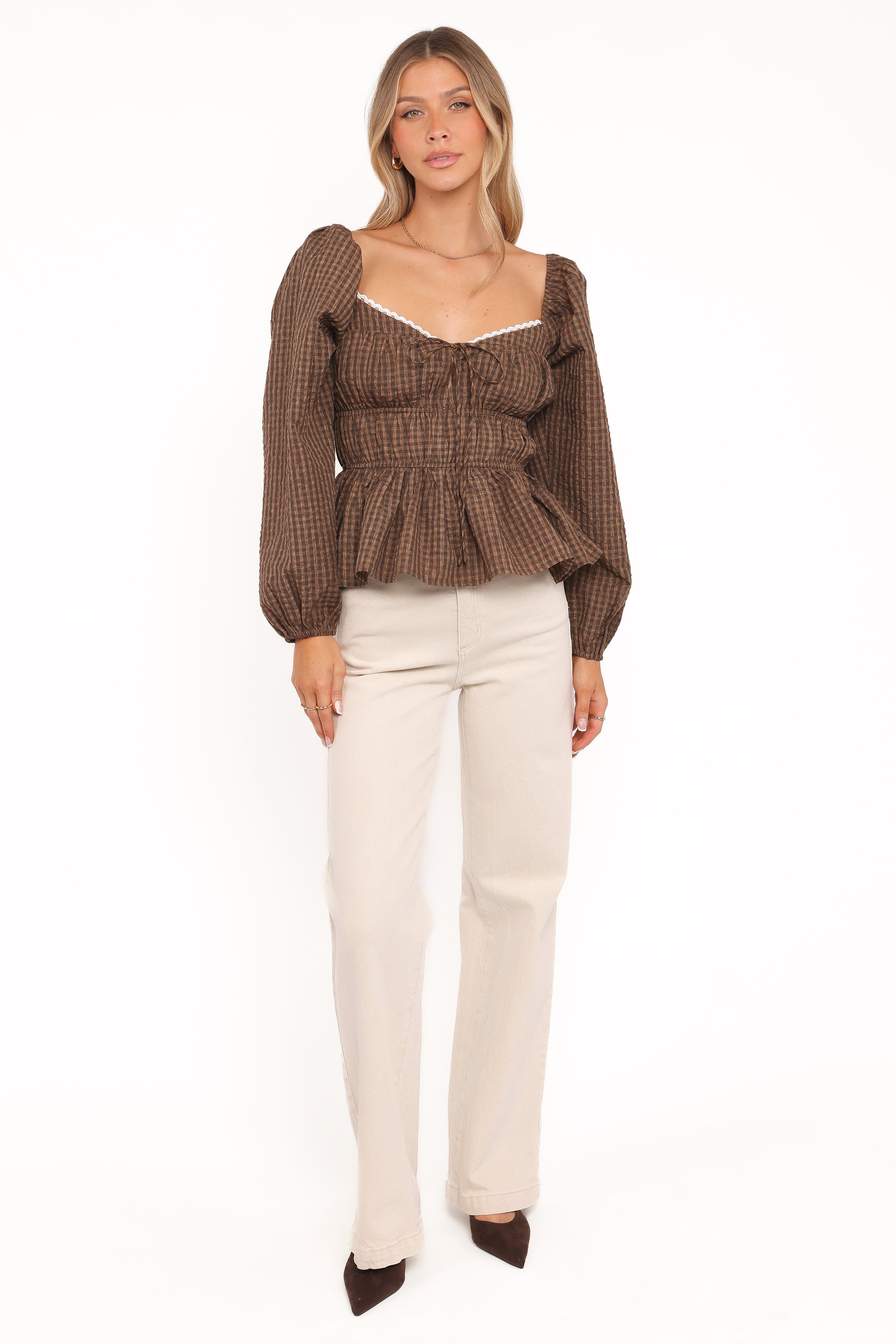 TOPS Saphia Top - Dark Brown Check