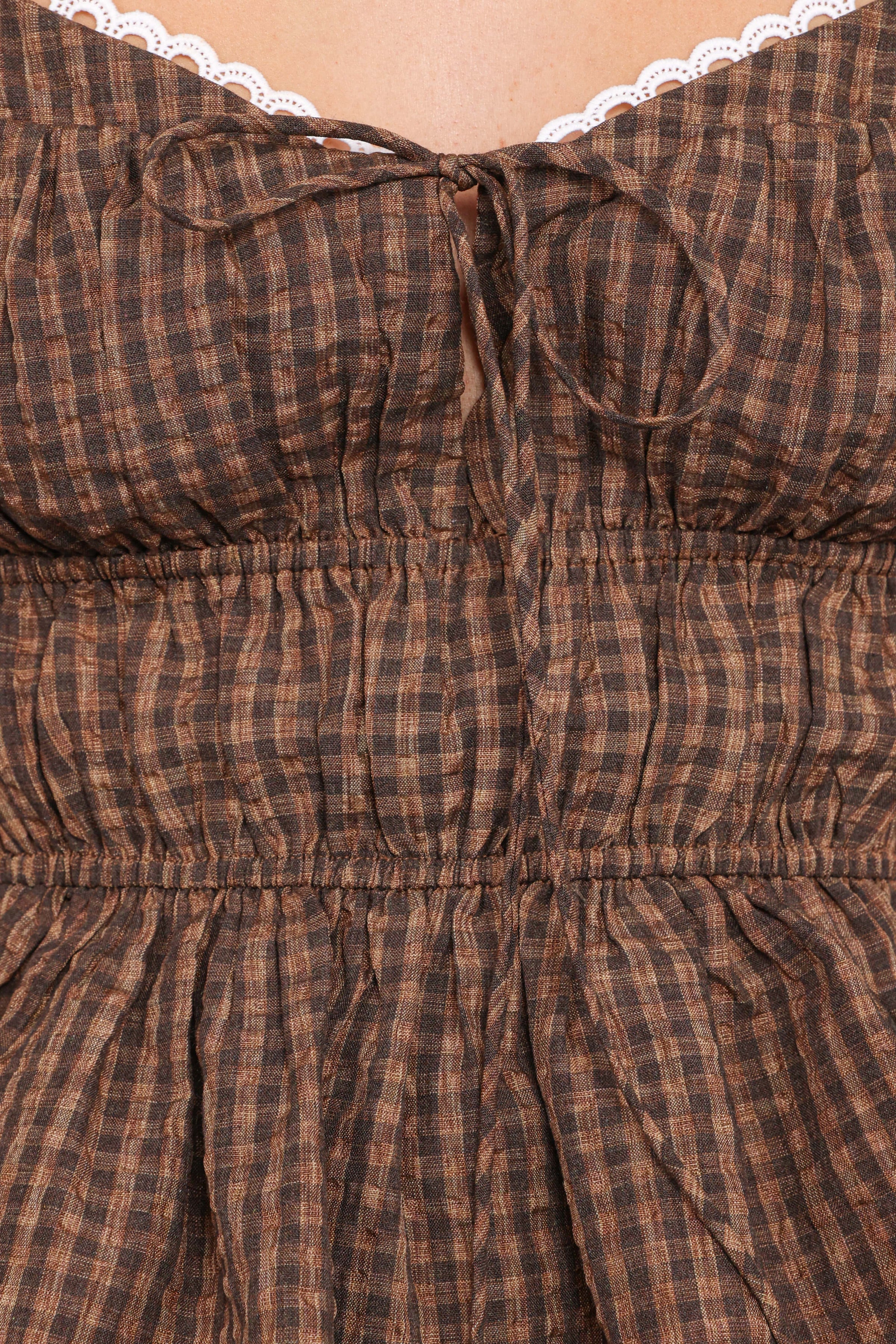 TOPS Saphia Top - Dark Brown Check