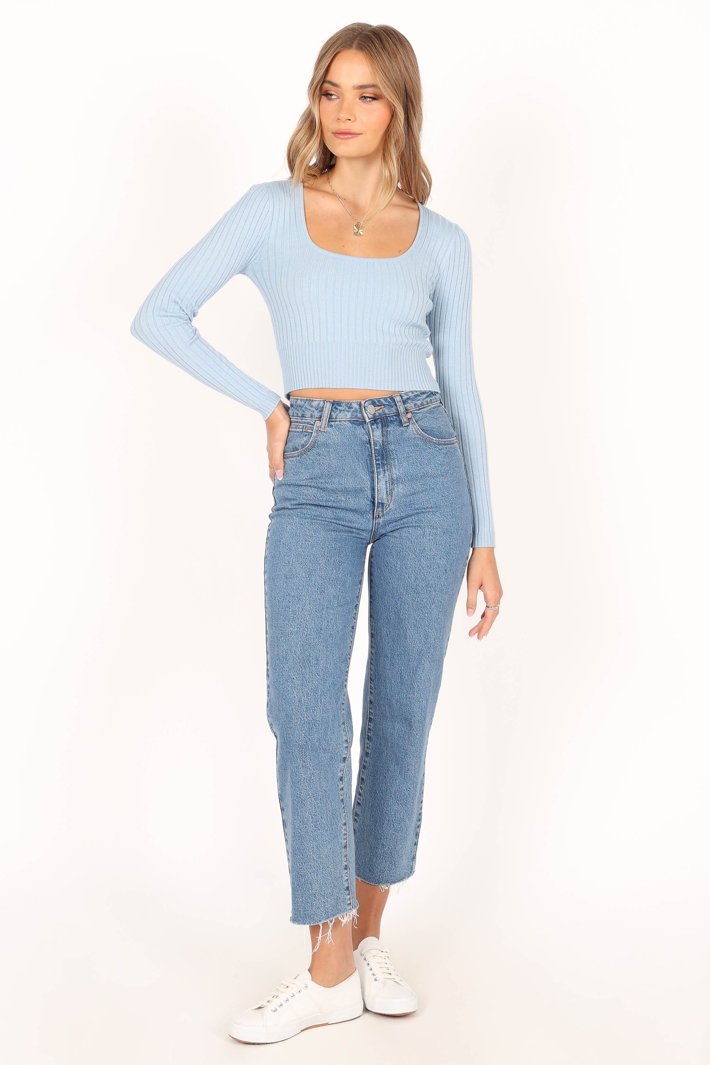 TOPS @Sarah Knit Long Sleeve Top - Blue