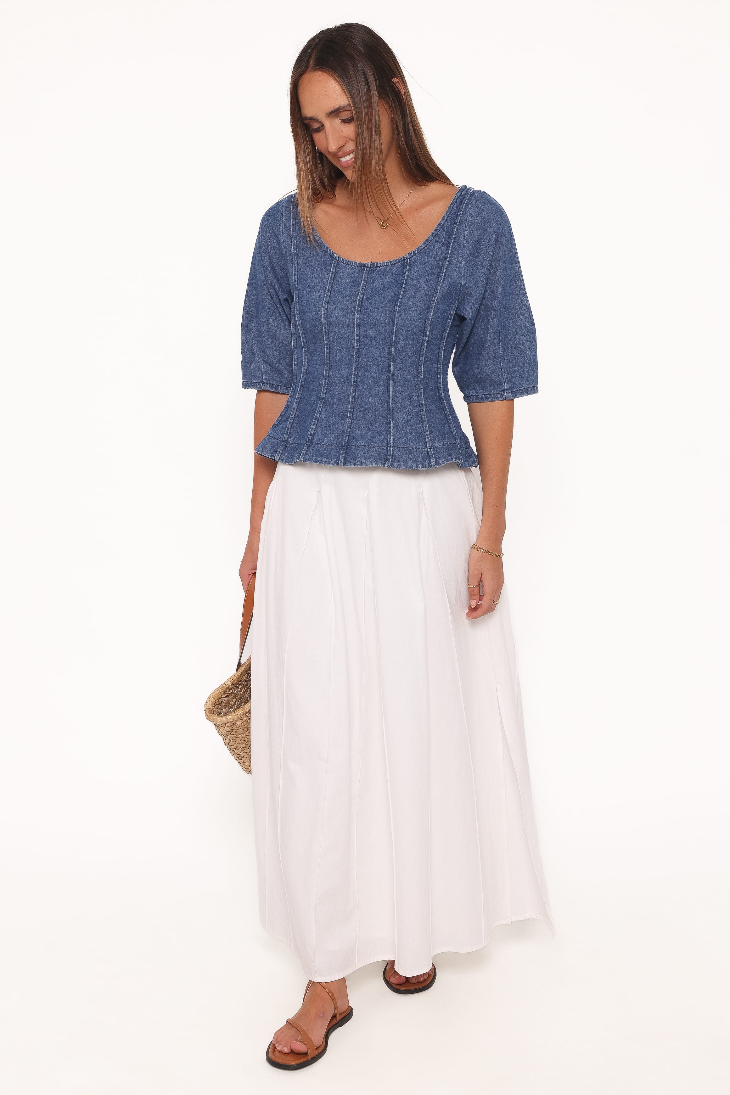 TOPS Saylor Denim Peplum Top - Blue Medium Wash
