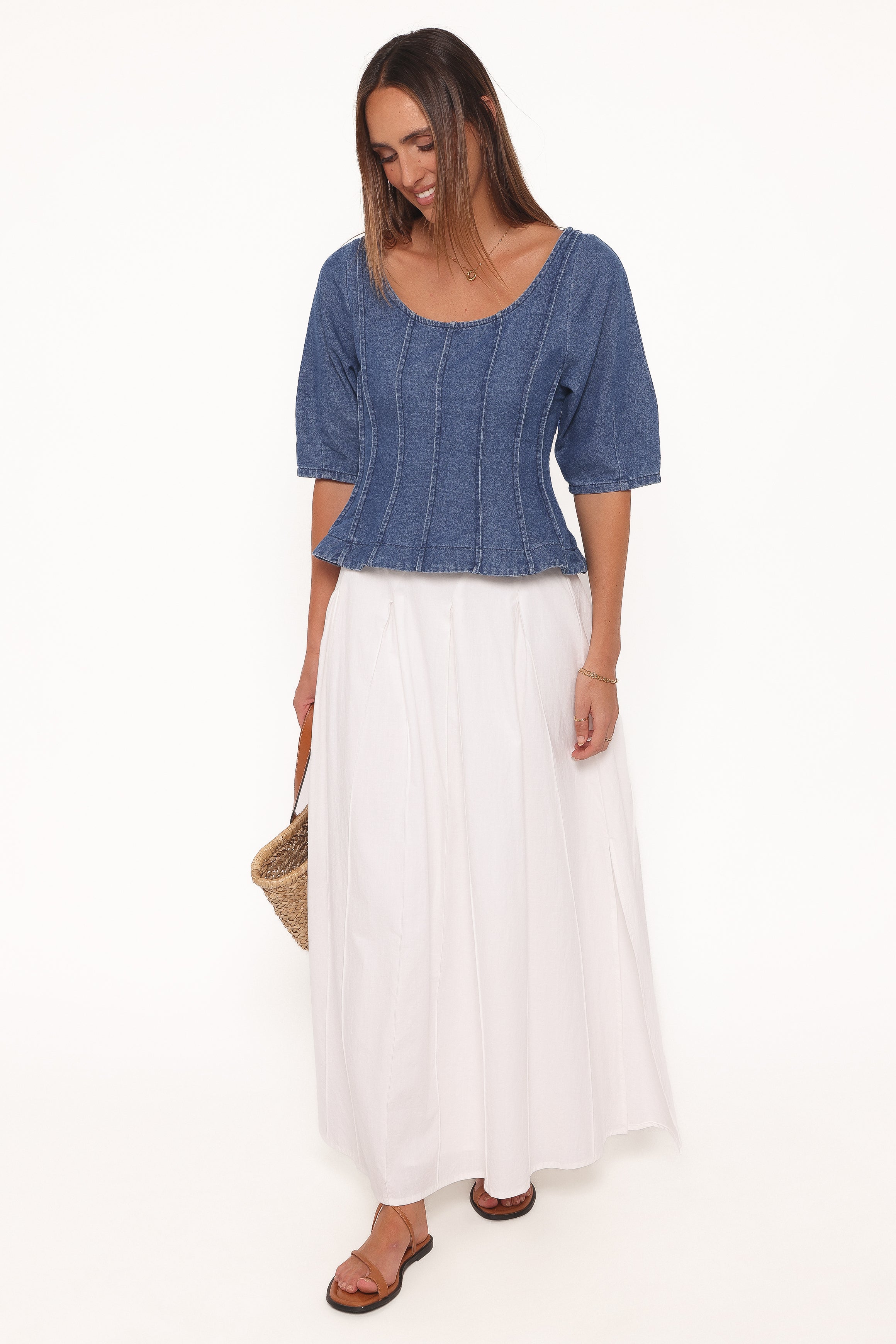 TOPS Saylor Denim Peplum Top - Blue Medium Wash