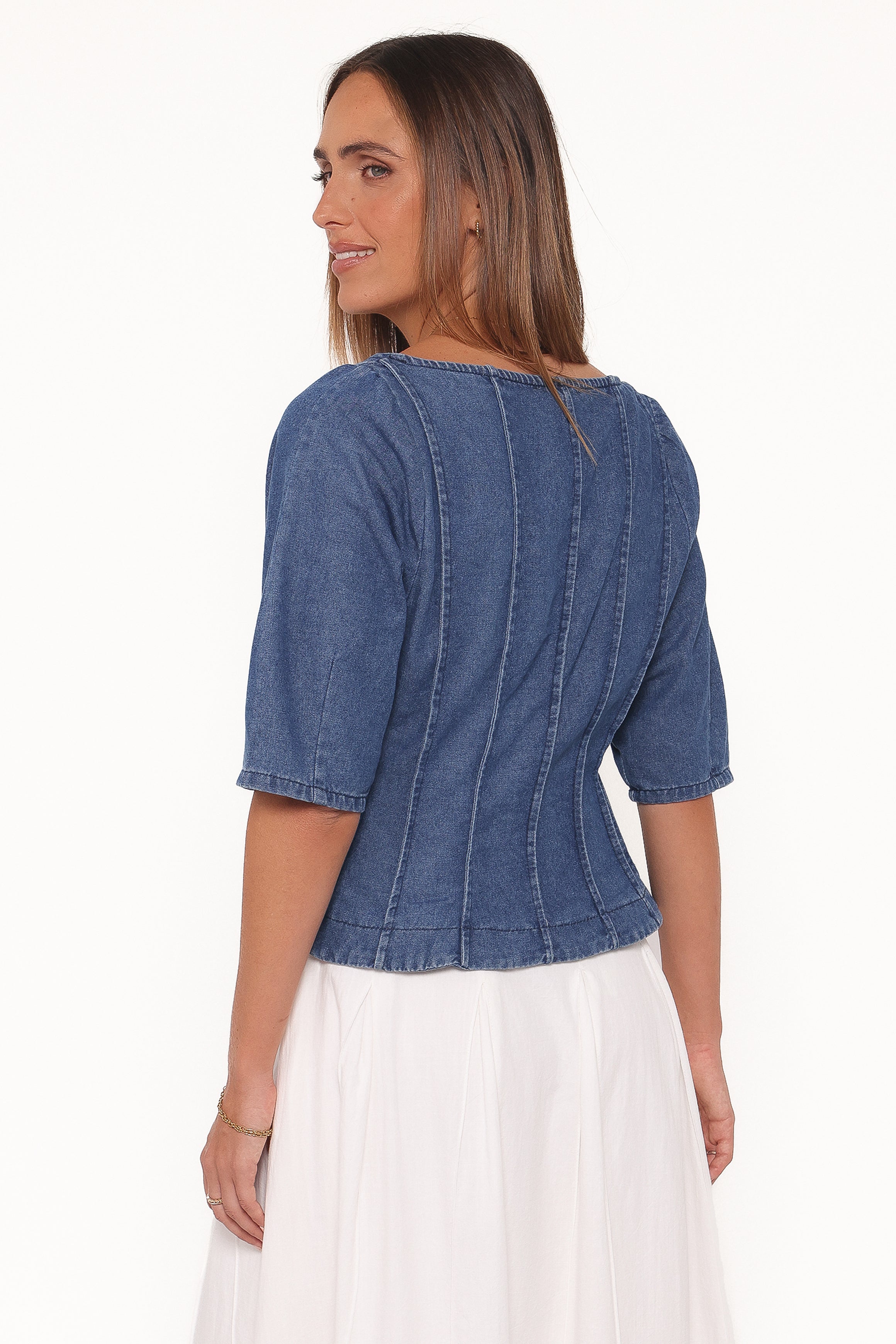 TOPS Saylor Denim Peplum Top - Blue Medium Wash