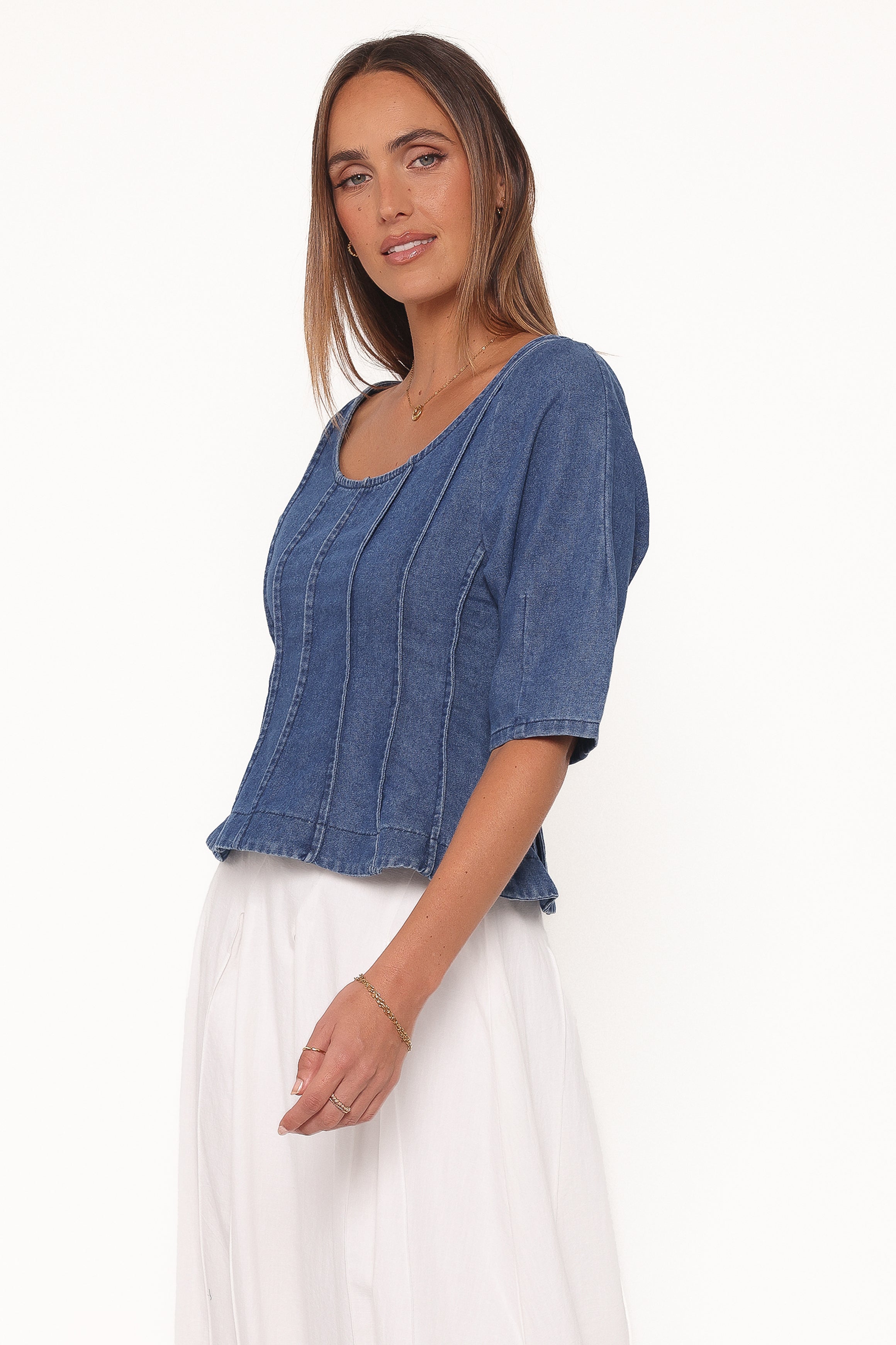 TOPS Saylor Denim Peplum Top - Blue Medium Wash