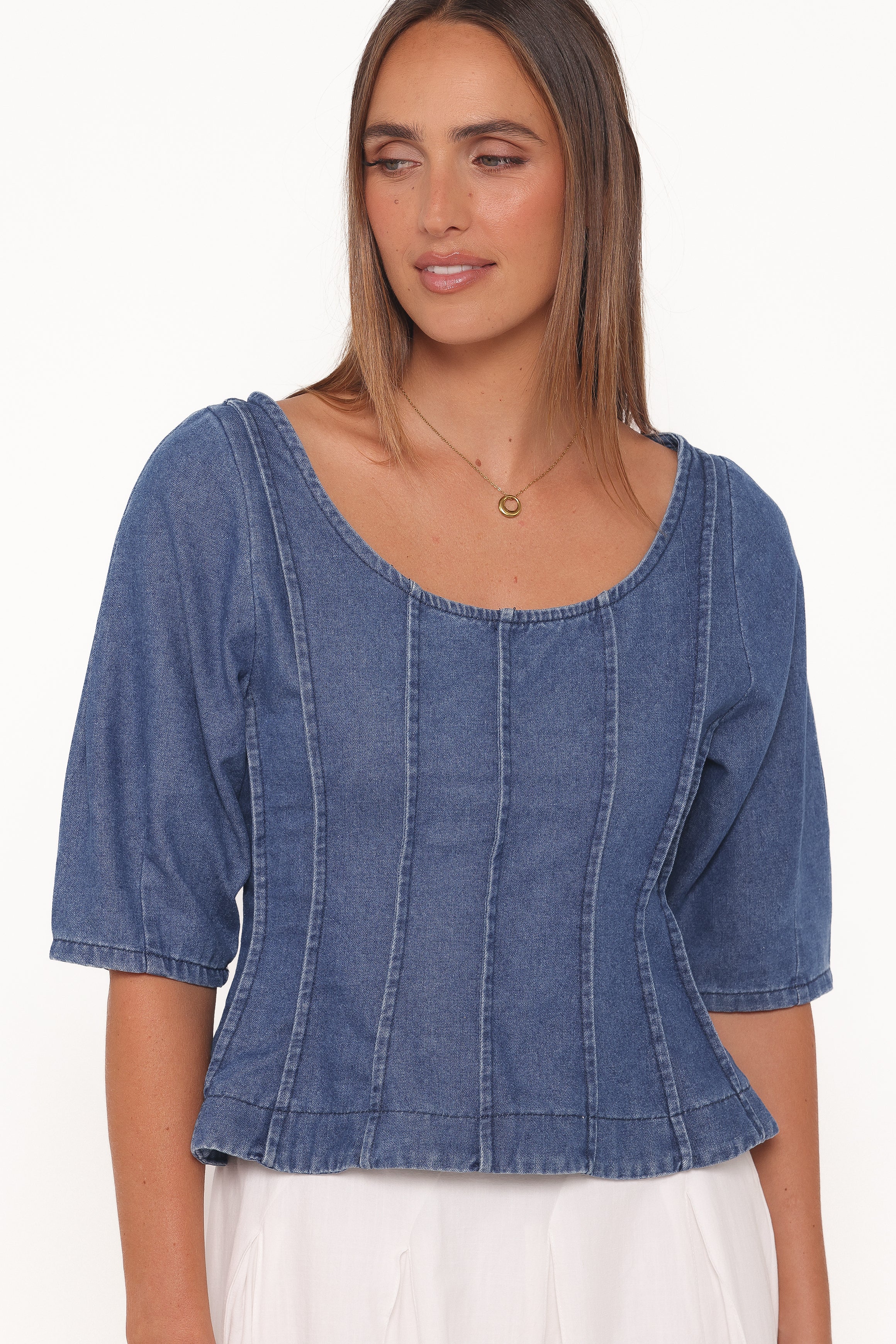 TOPS Saylor Denim Peplum Top - Blue Medium Wash