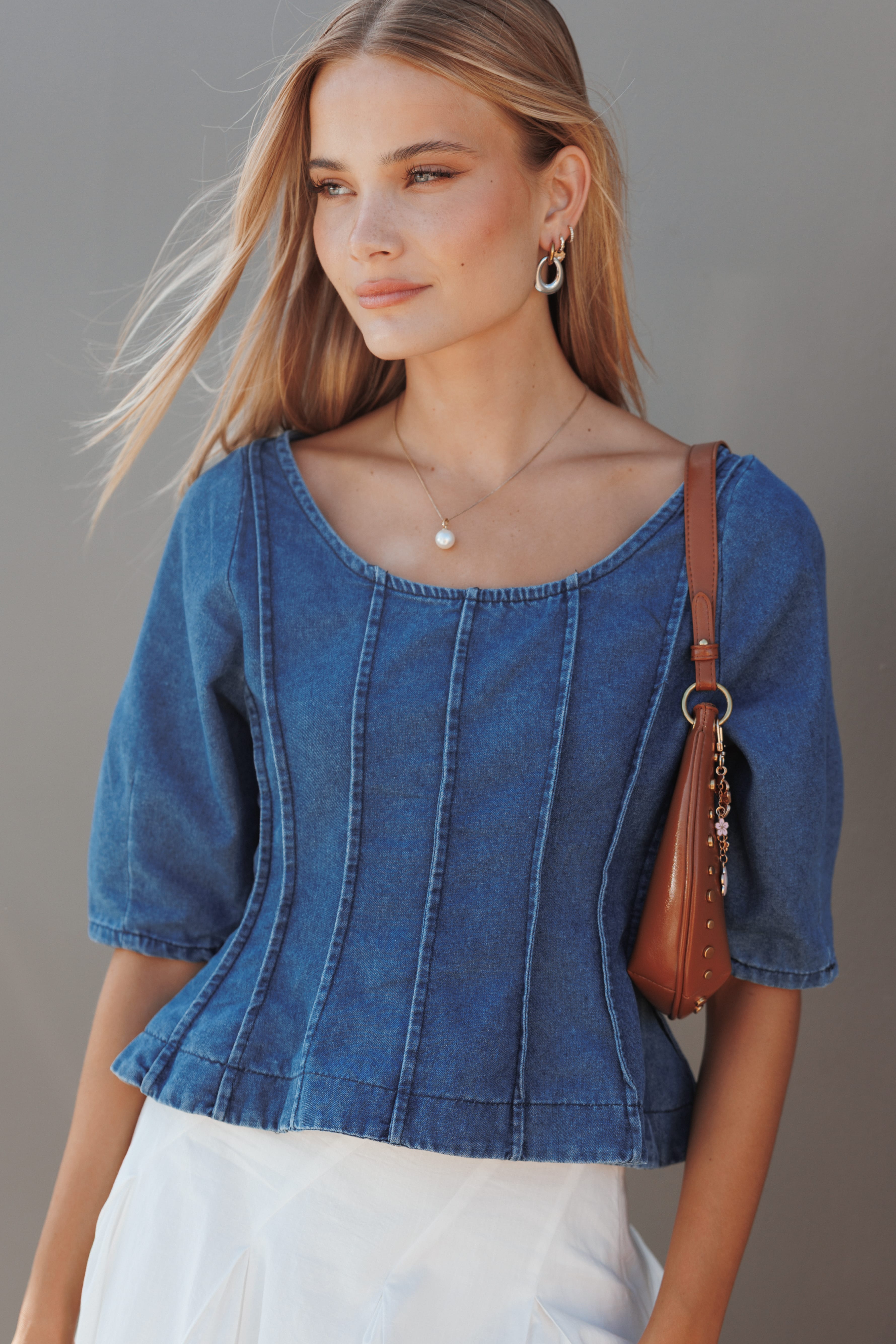 TOPS Saylor Denim Peplum Top - Blue Medium Wash