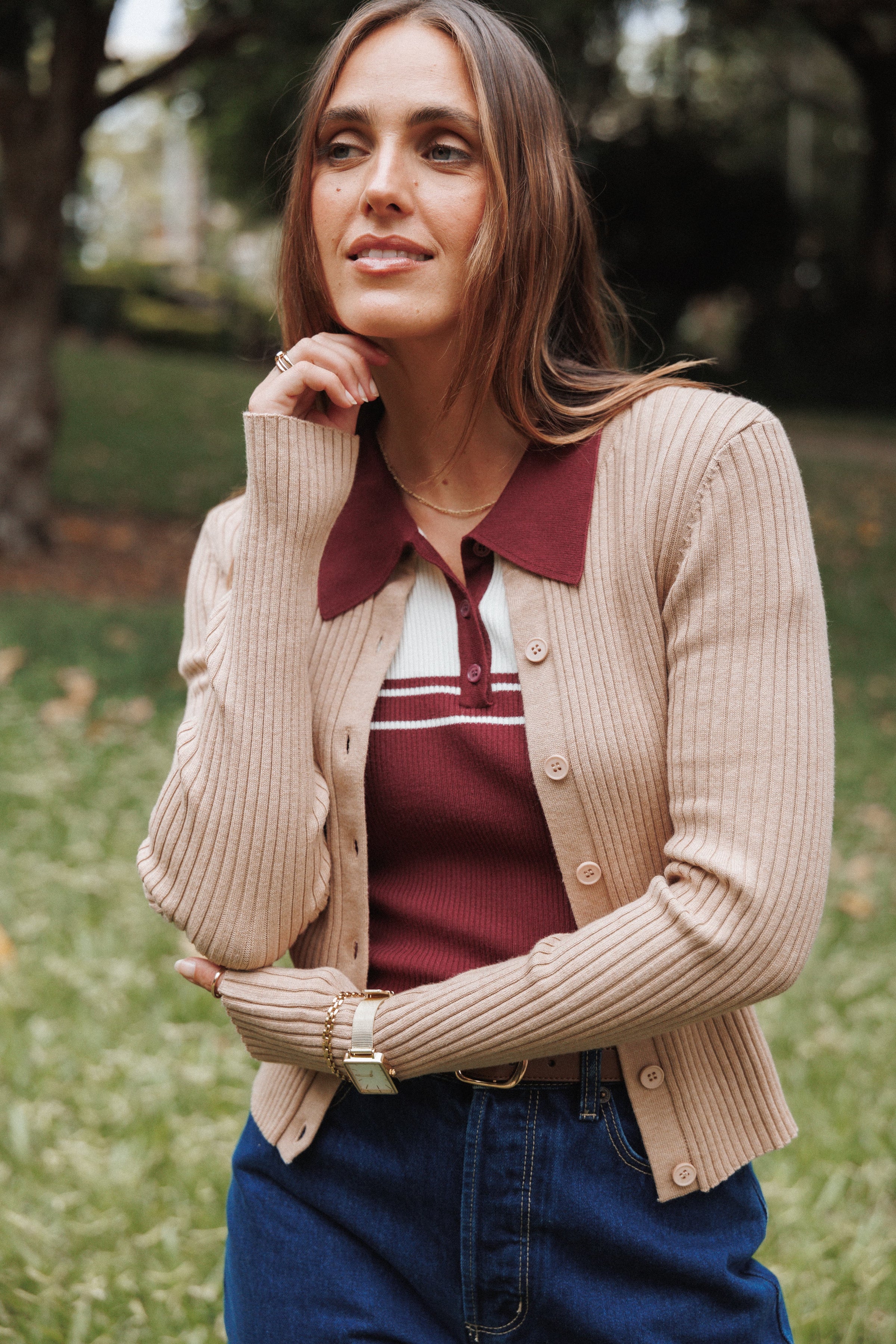 TOPS Searie Ribbed Cardigan Top - Warm Sand