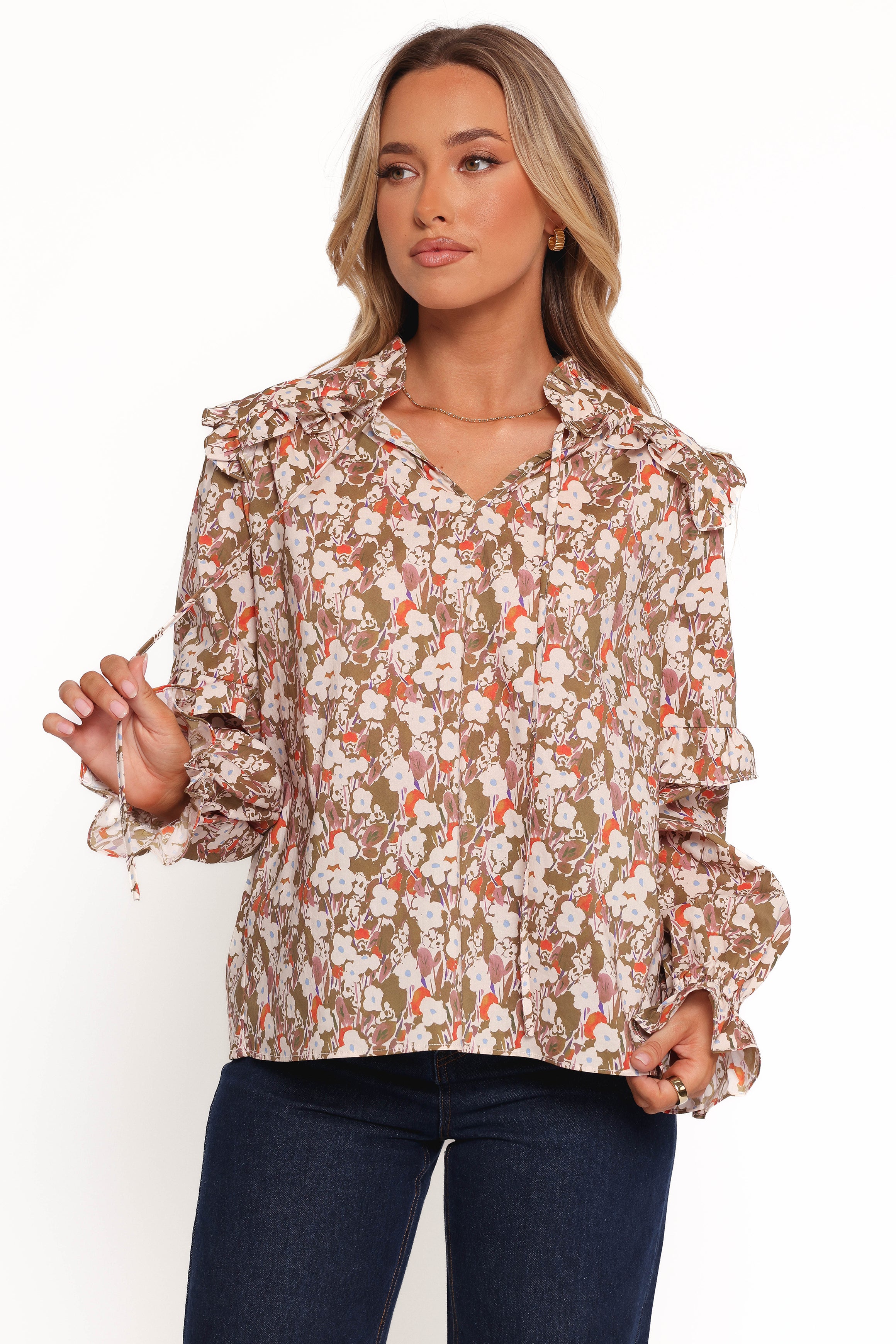 TOPS Selmah Long Sleeve Top - Cream Olive Orange