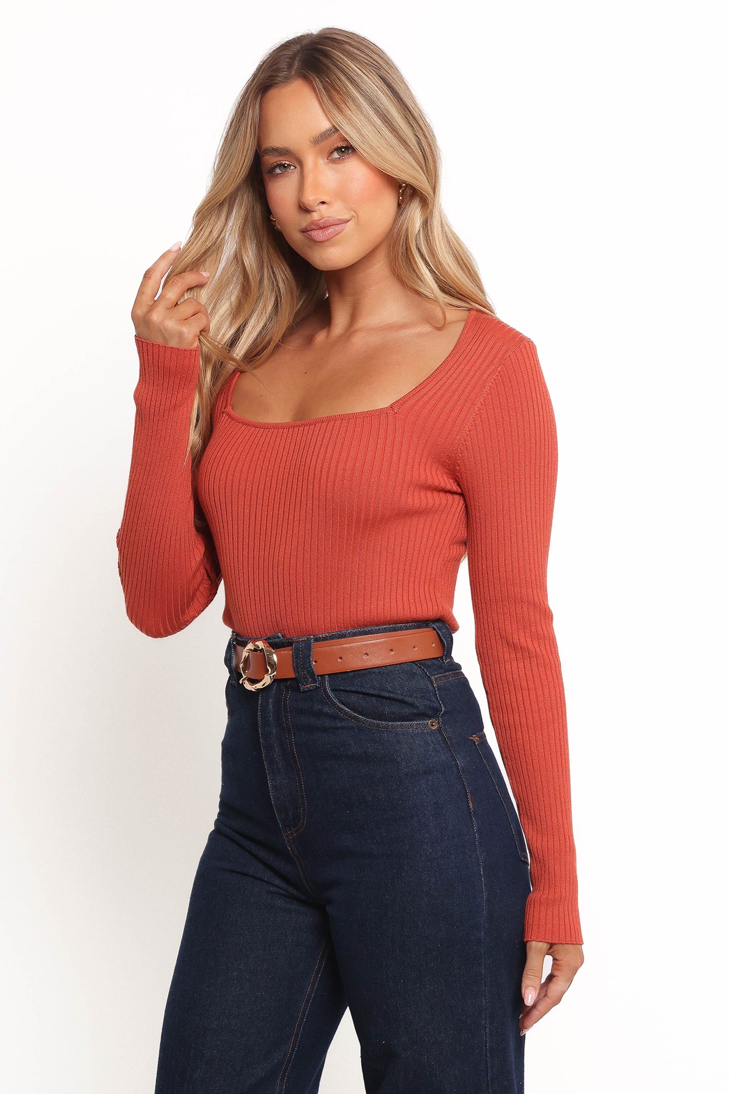 TOPS Shani Ribbed Knit Top - Brick Red