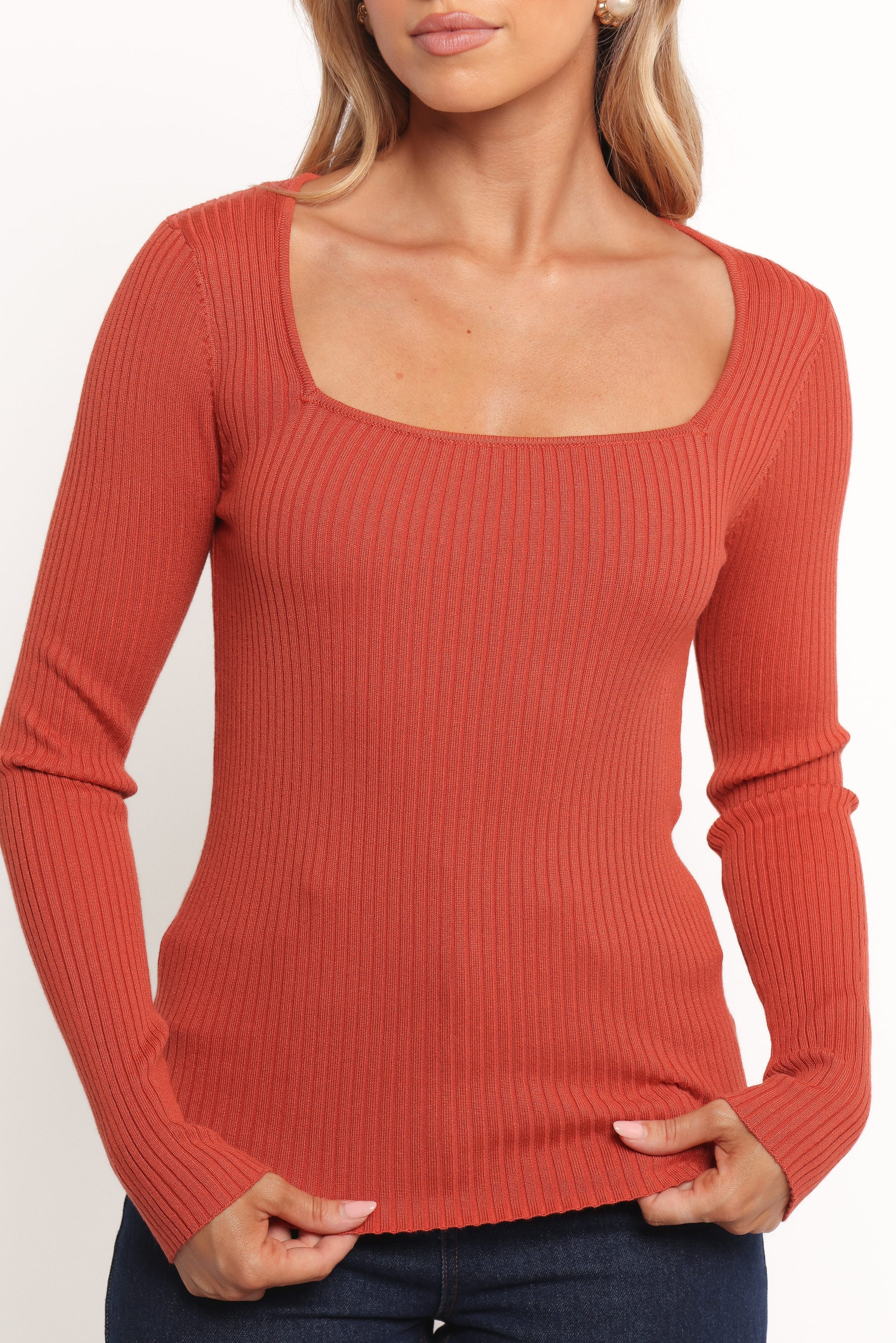 TOPS Shani Ribbed Knit Top - Brick Red