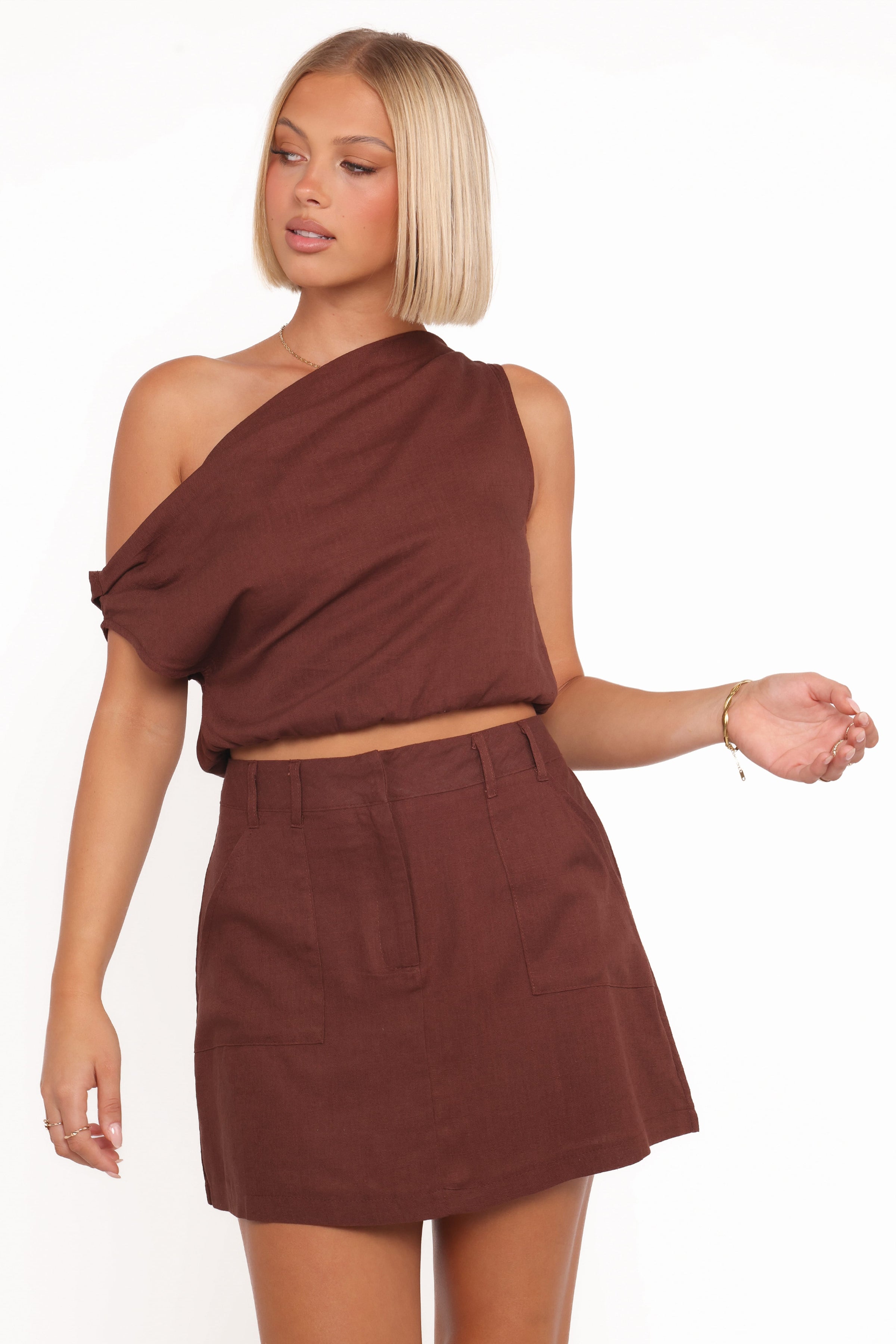 TOPS Shaw Off Shoulder Top - Chocolate Brown