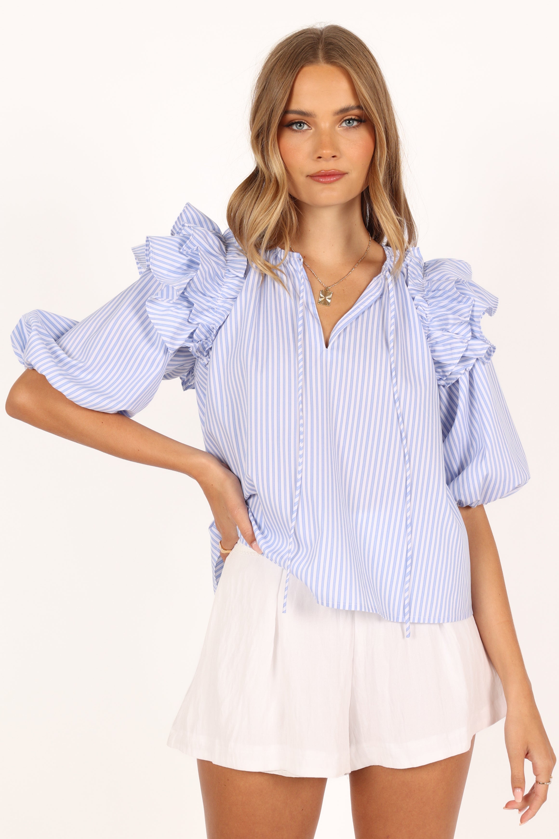 TOPS @Shonee Puff Sleeve Top - Blue