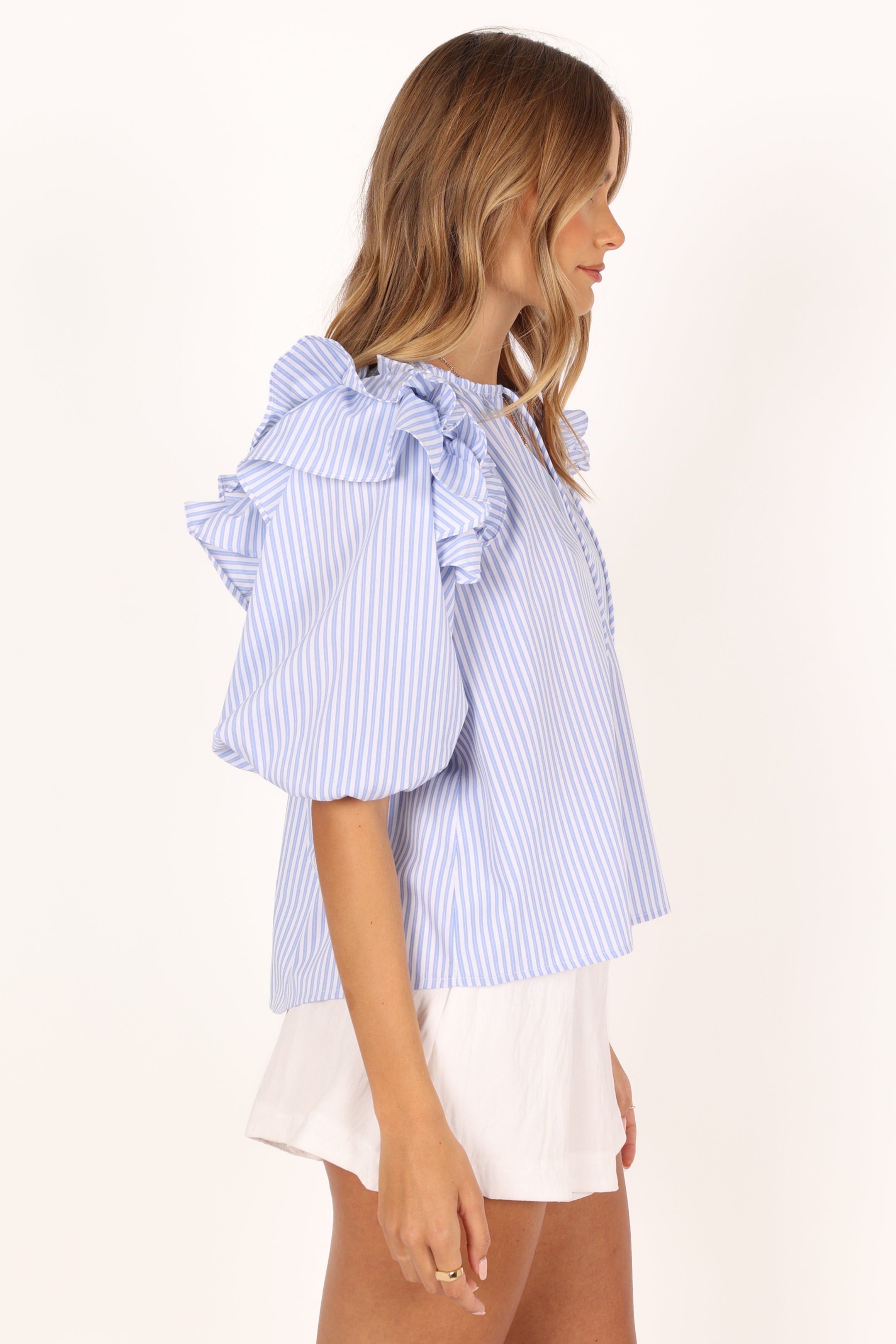 TOPS @Shonee Puff Sleeve Top - Blue