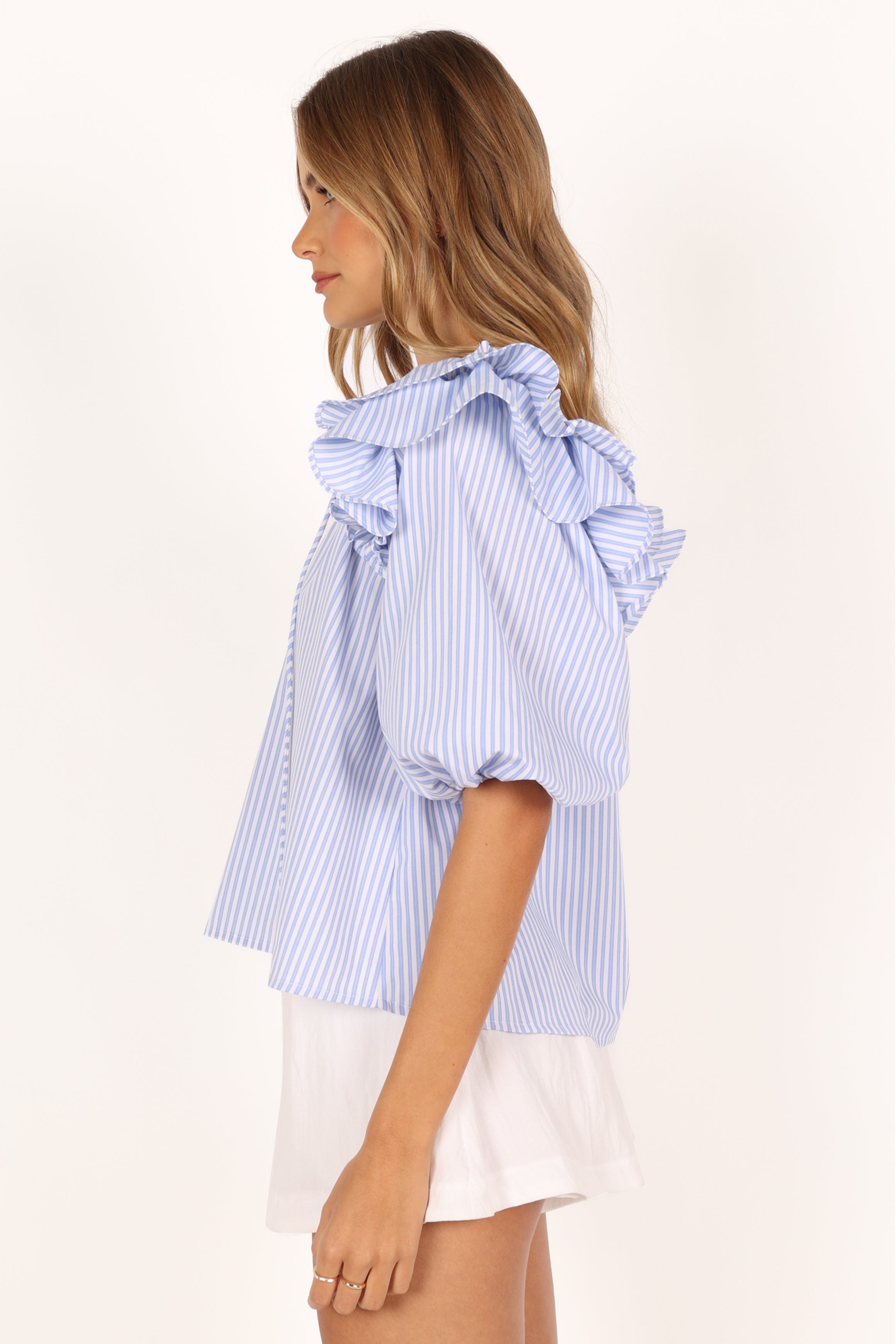 TOPS @Shonee Puff Sleeve Top - Blue