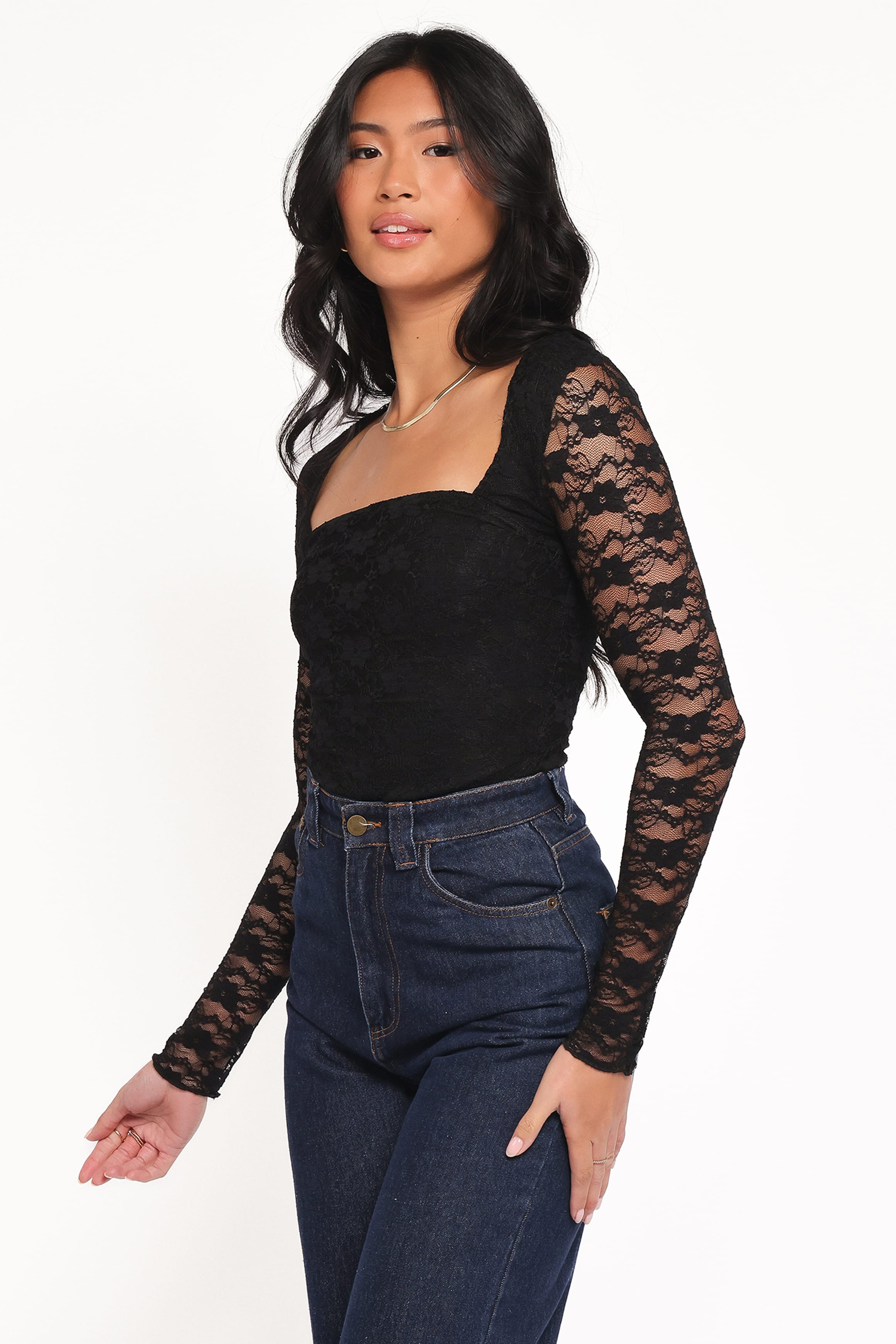 TOPS Skyler Square Neck Stretch Lace Top - Black