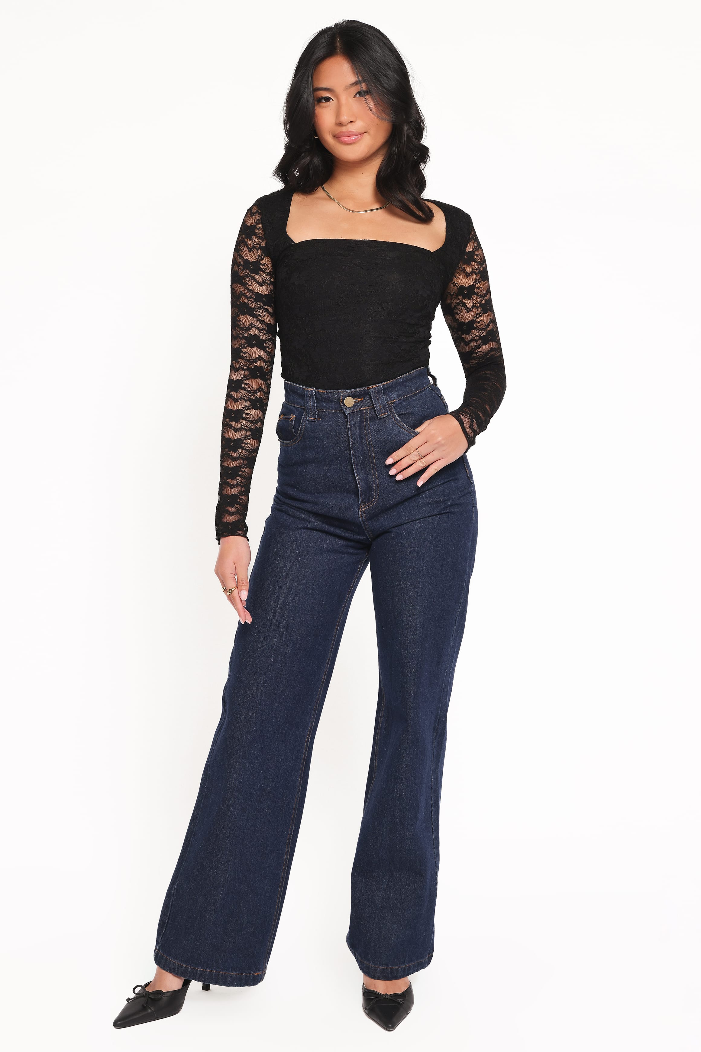 TOPS Skyler Square Neck Stretch Lace Top - Black
