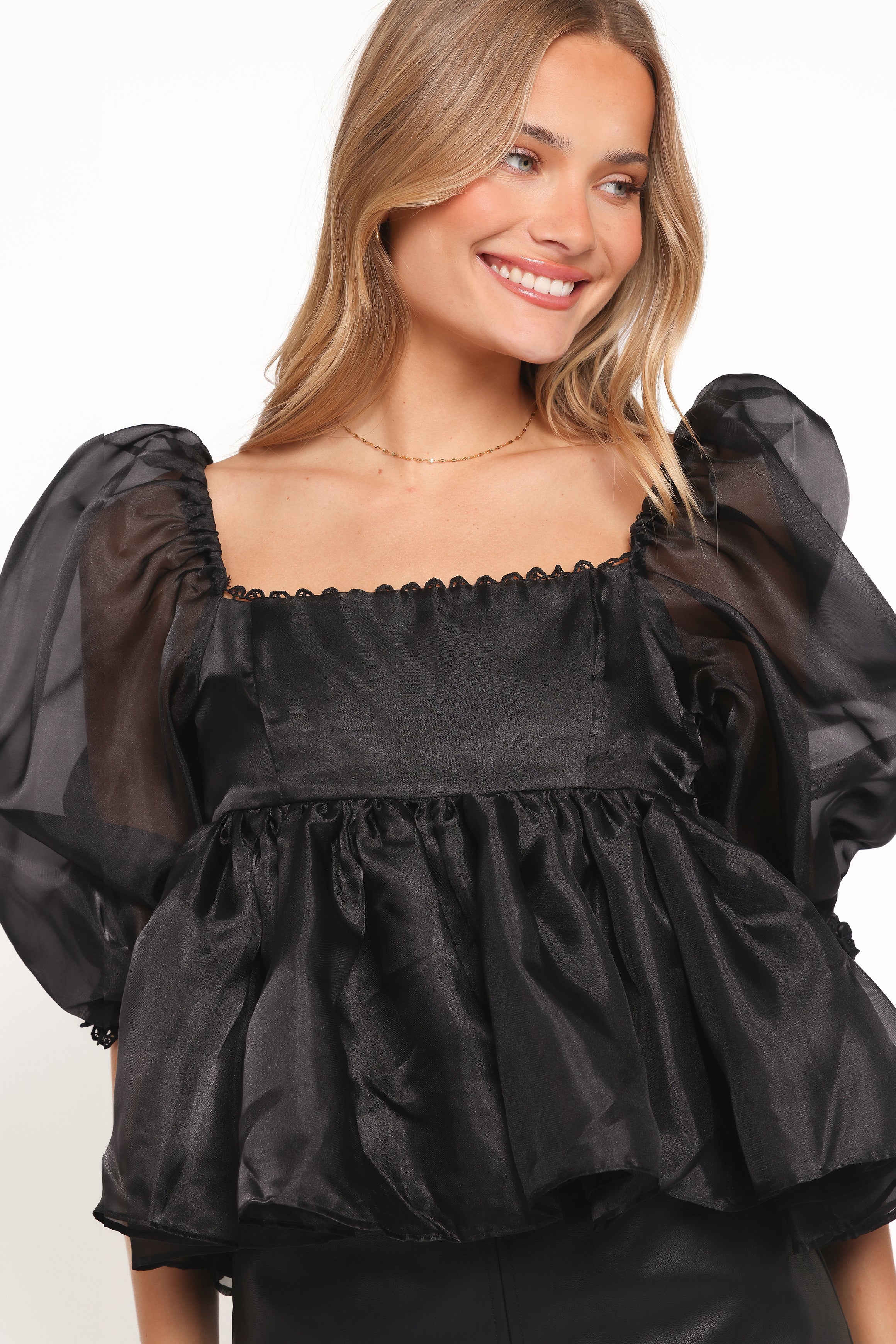 TOPS Solenne Puff Sleeve Peplum Organza Top - Black
