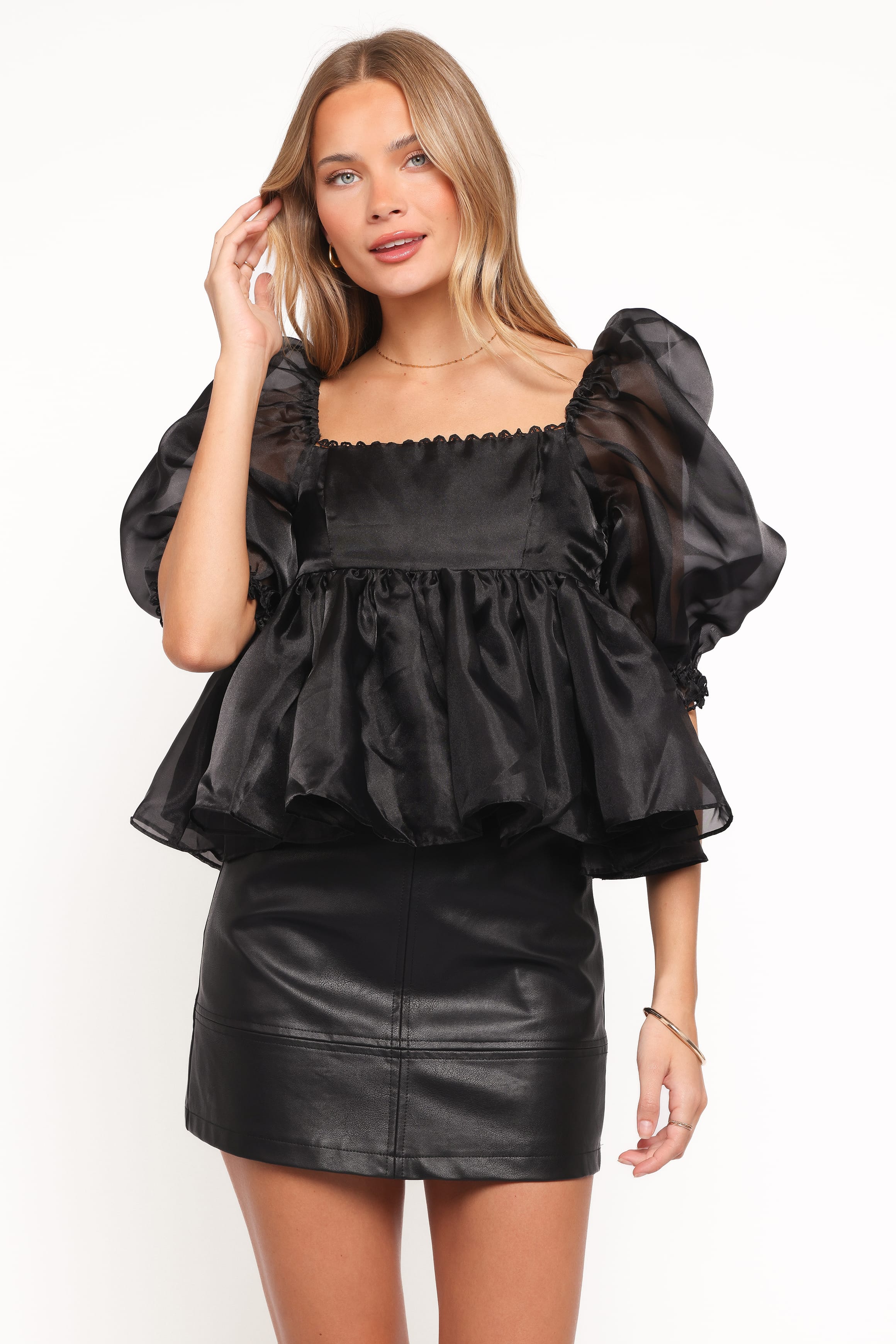 TOPS Solenne Puff Sleeve Peplum Organza Top - Black