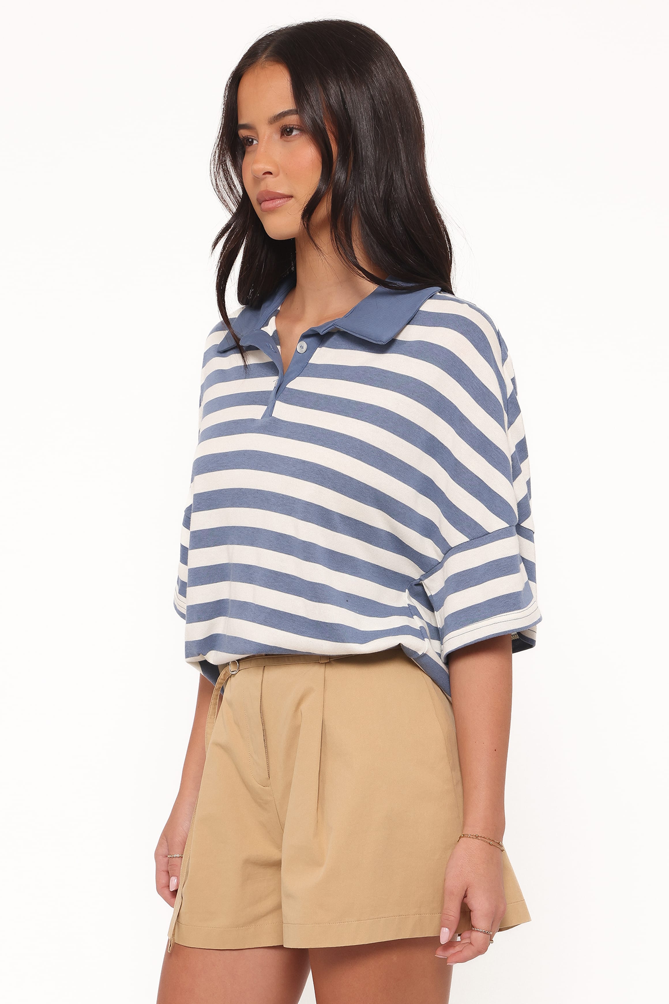 TOPS Sophia Short Sleeve Rugby Top - Blue/White Stripe
