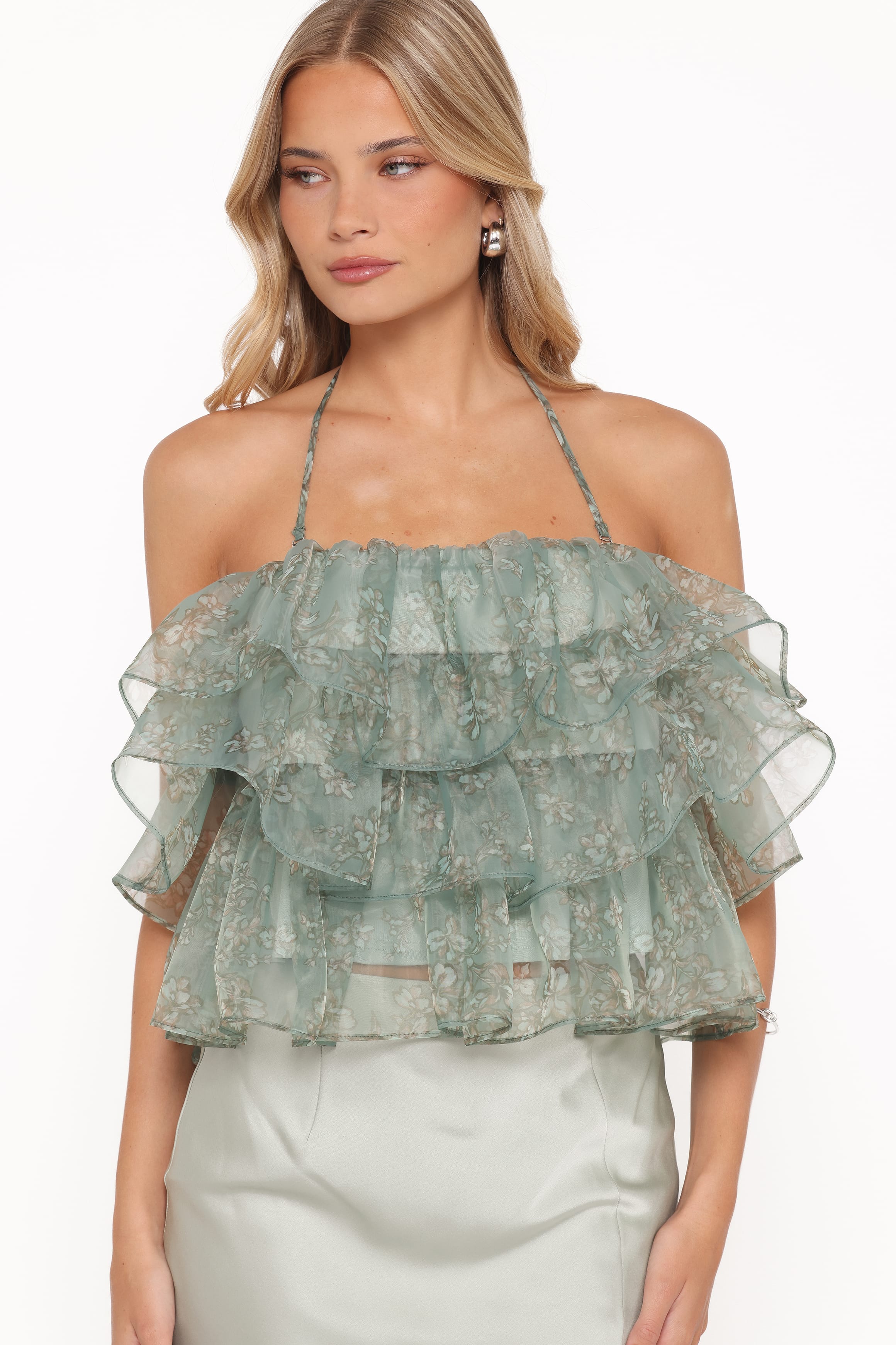 TOPS Taelya Flounce Top - Mint Green Floral