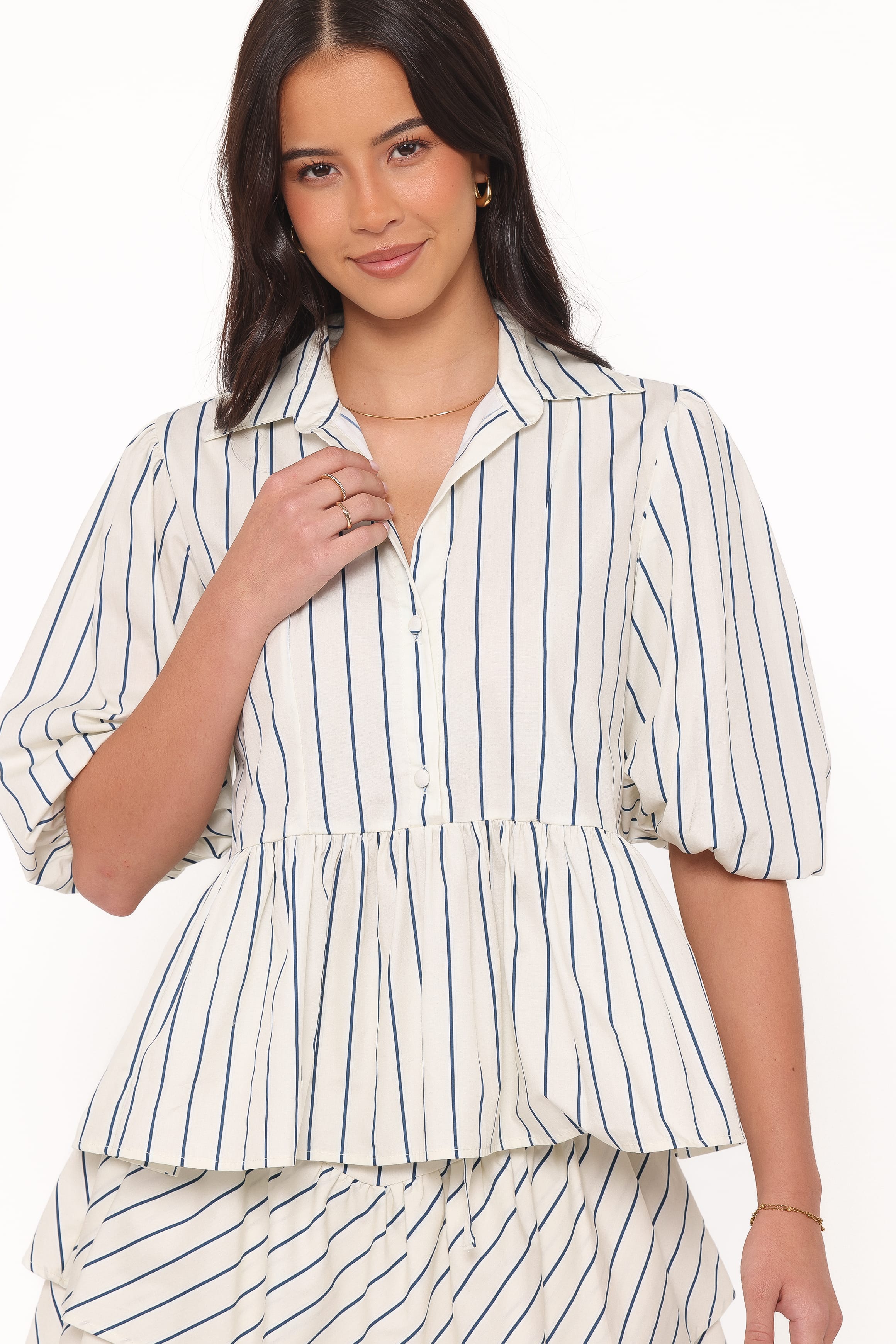 TOPS Thomas Short Sleeve Peplum Top - Yellow/Blue Stripe