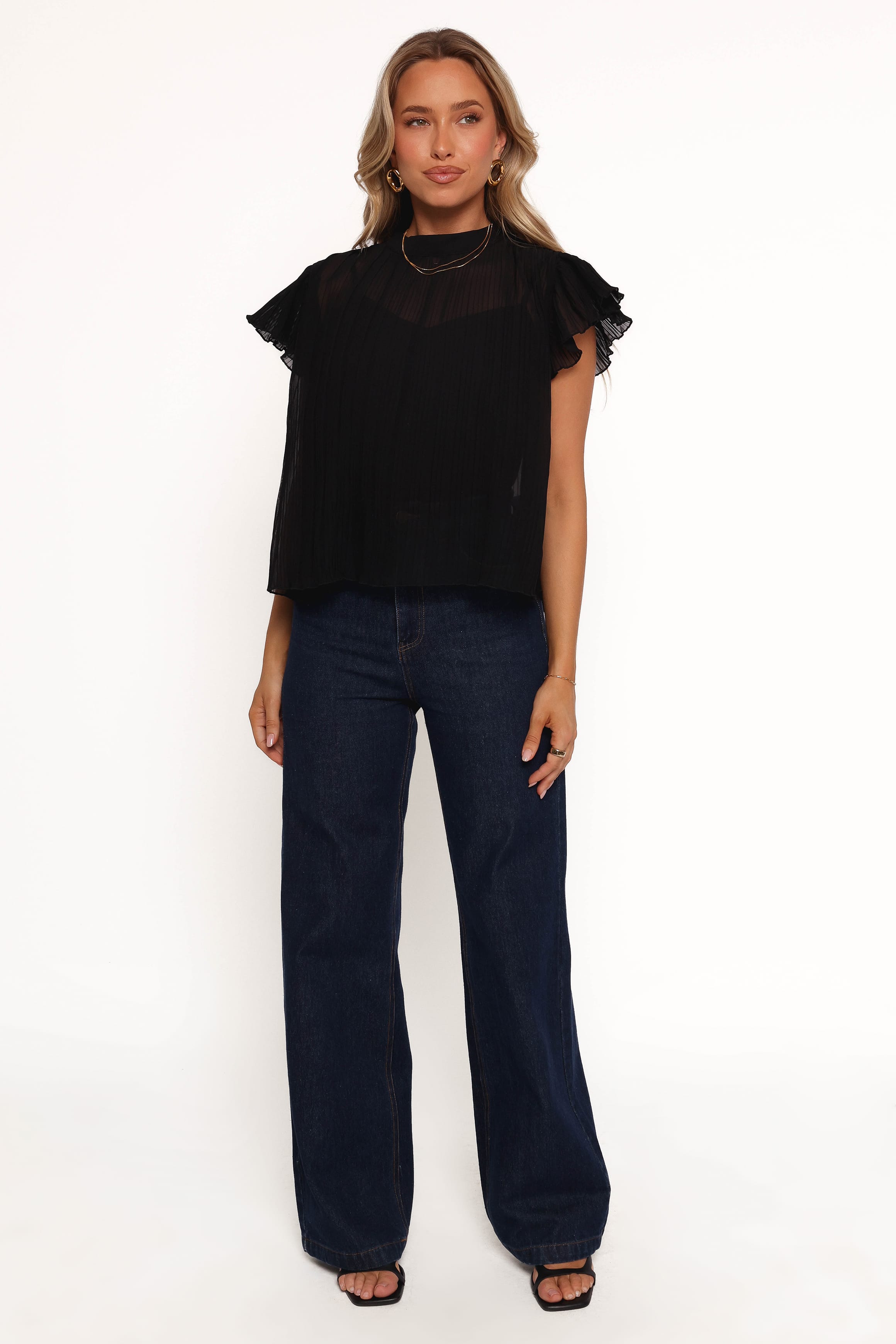 TOPS Topia Pleated Flutter Sleeve Top - Black