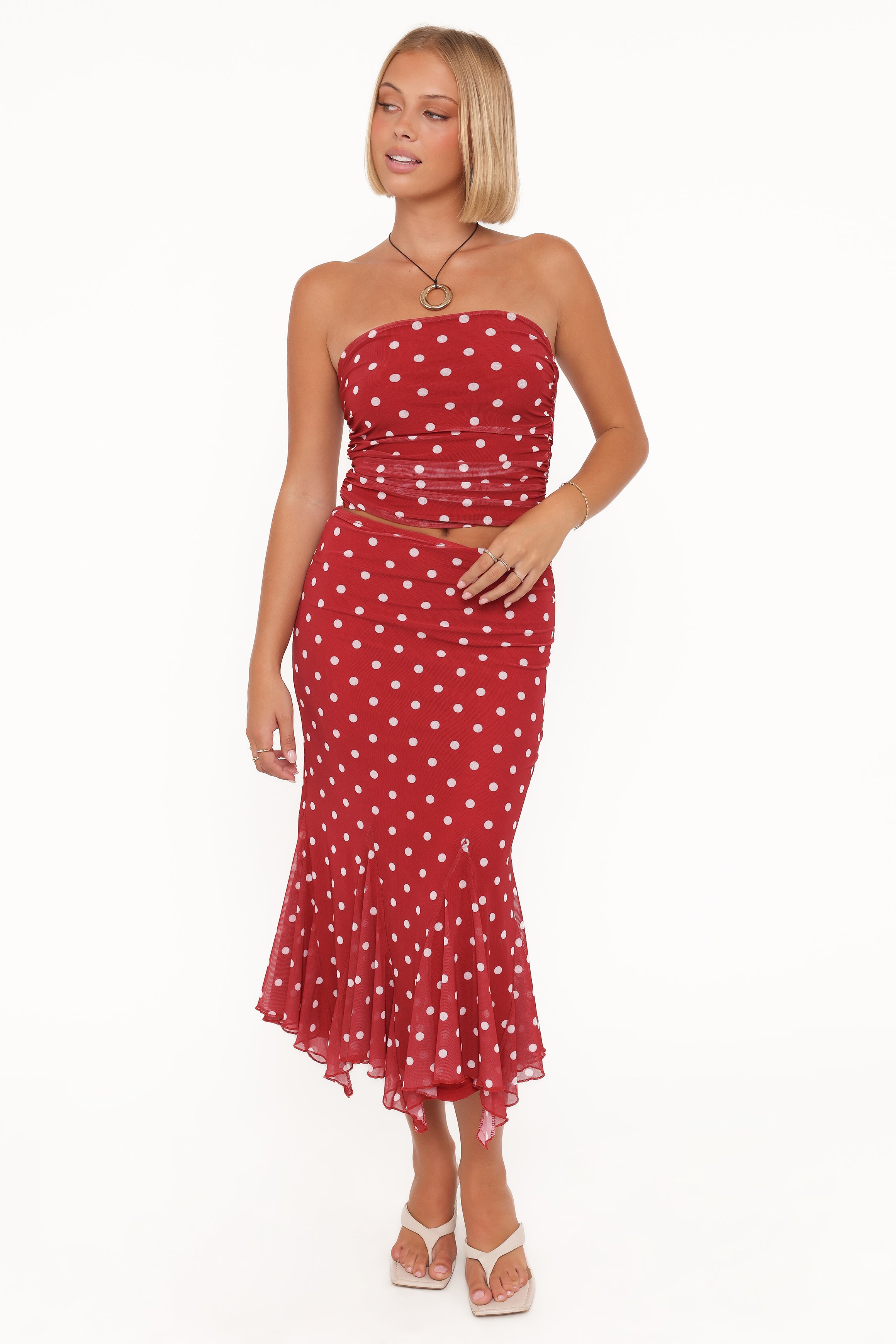 TOPS Tullia Strapless Top - Red Polka Dot