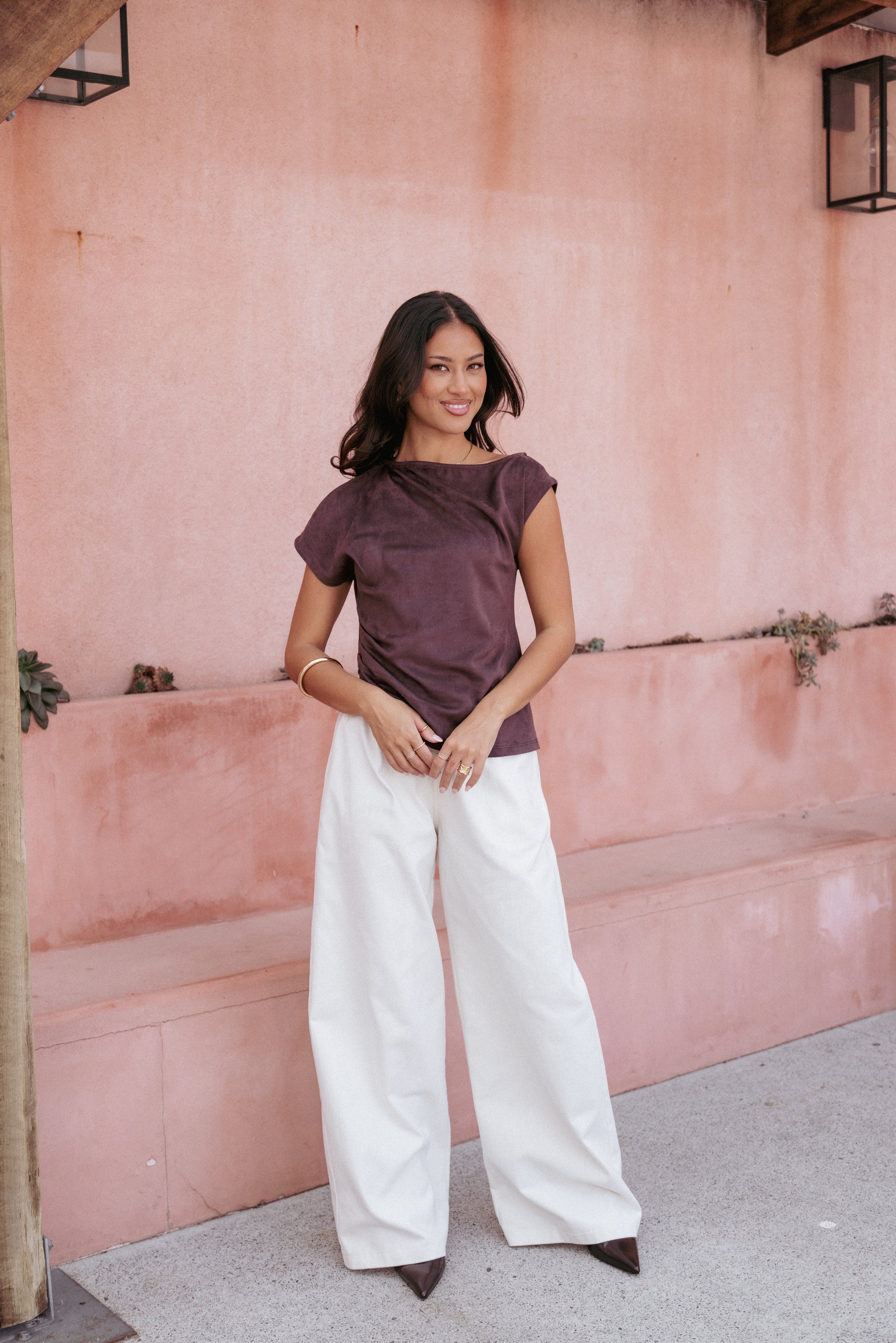 TOPS Vaila Faux Suede Off Shoulder Top - Chocolate