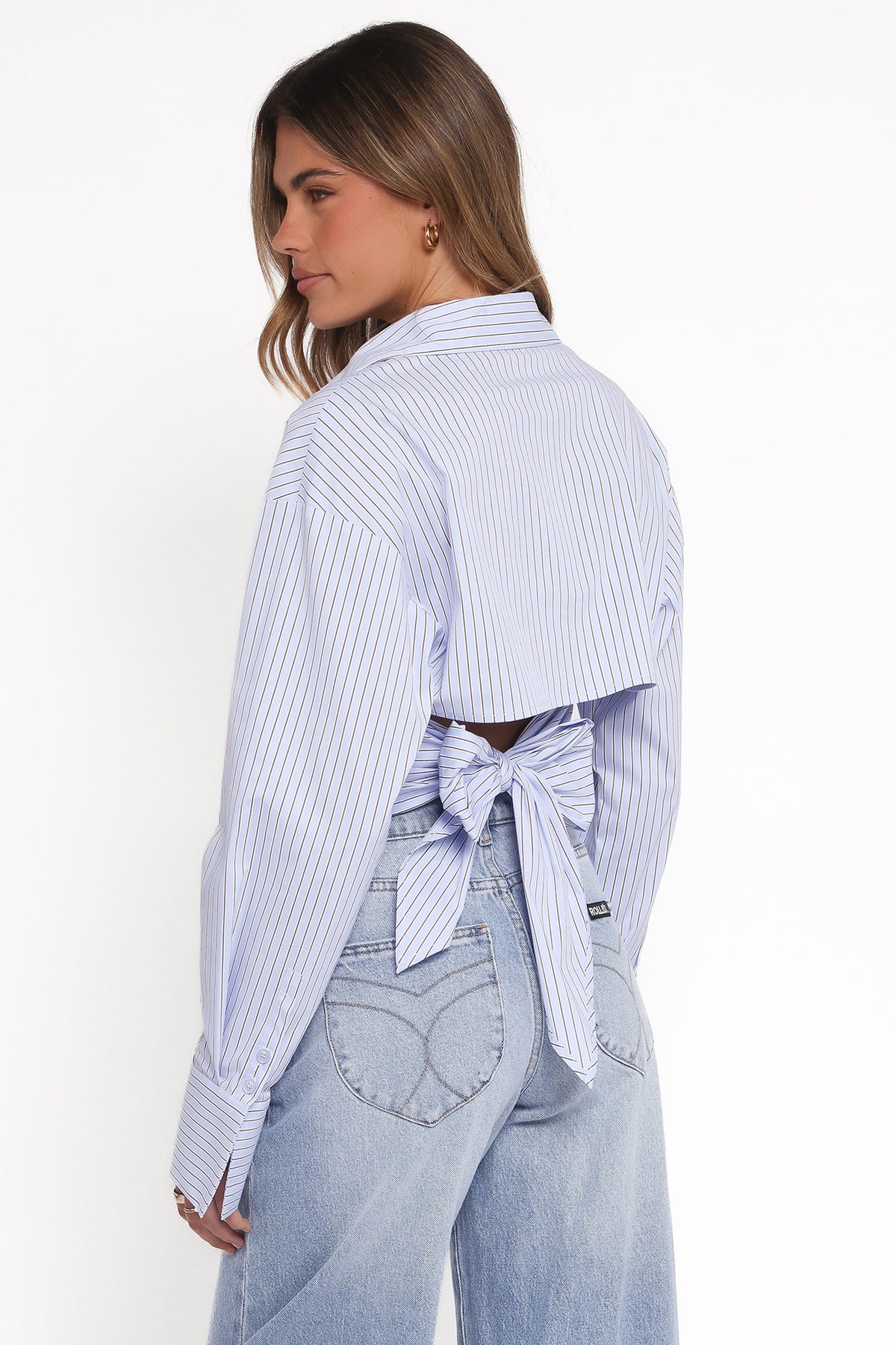 TOPS Vienne Tie Back Button Up Shirt - Blue/Brown Stripe