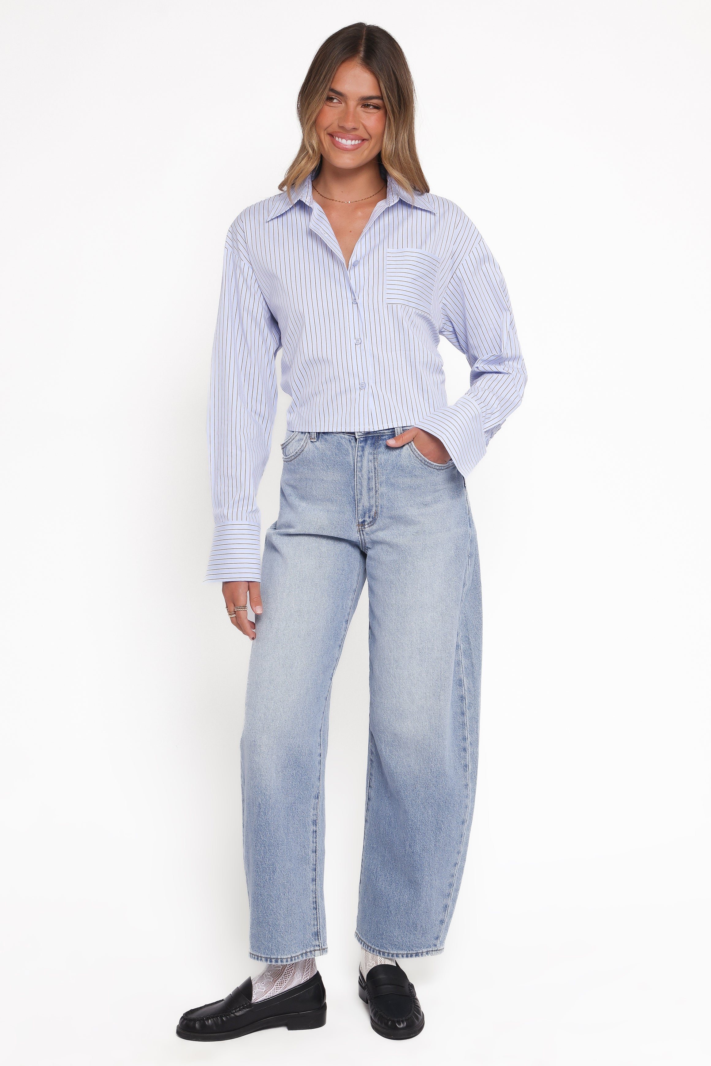 TOPS Vienne Tie Back Button Up Shirt - Blue/Brown Stripe