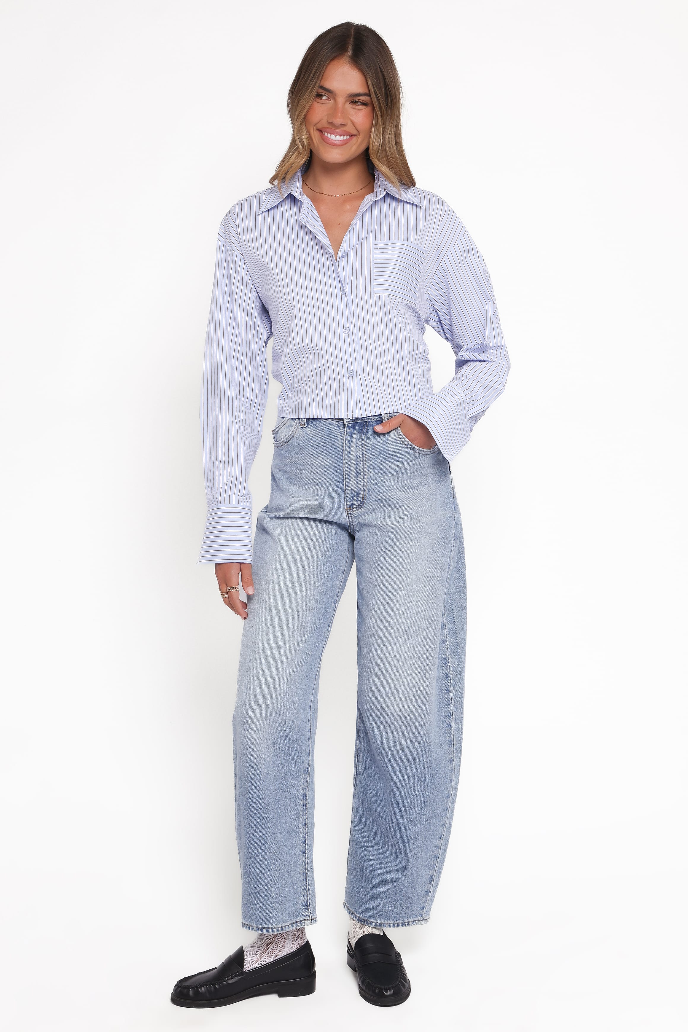TOPS Vienne Tie Back Button Up Shirt - Blue/Brown Stripe