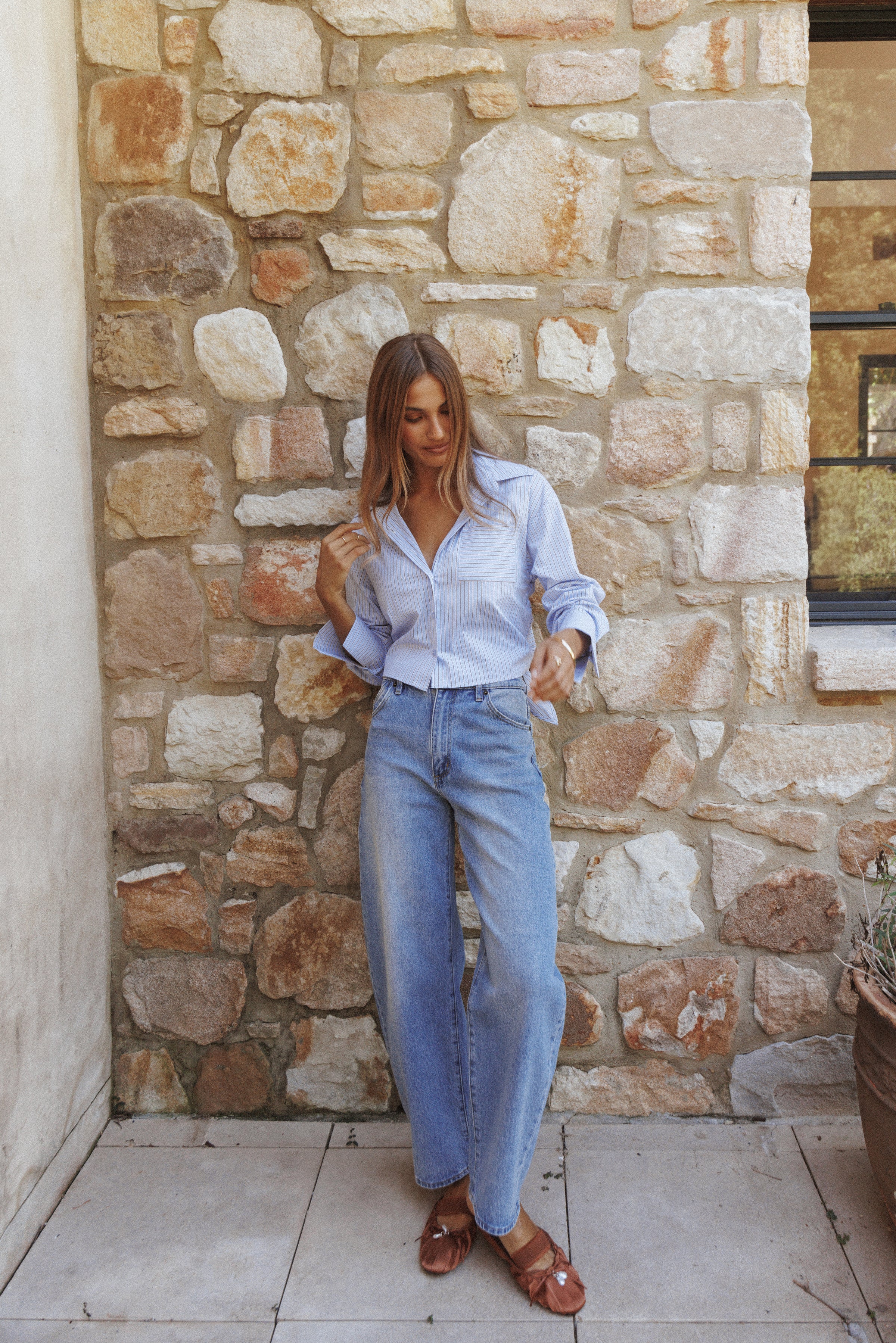 TOPS Vienne Tie Back Button Up Shirt - Blue/Brown Stripe