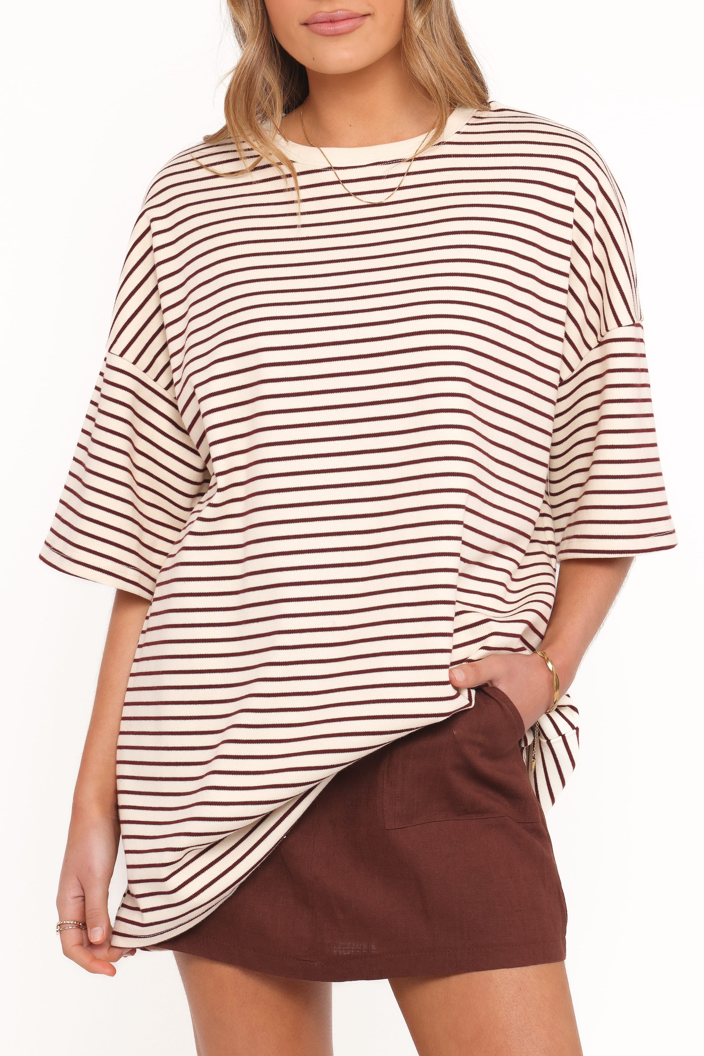 TOPS Wilda Oversized Tee - Cream Tan Stripe