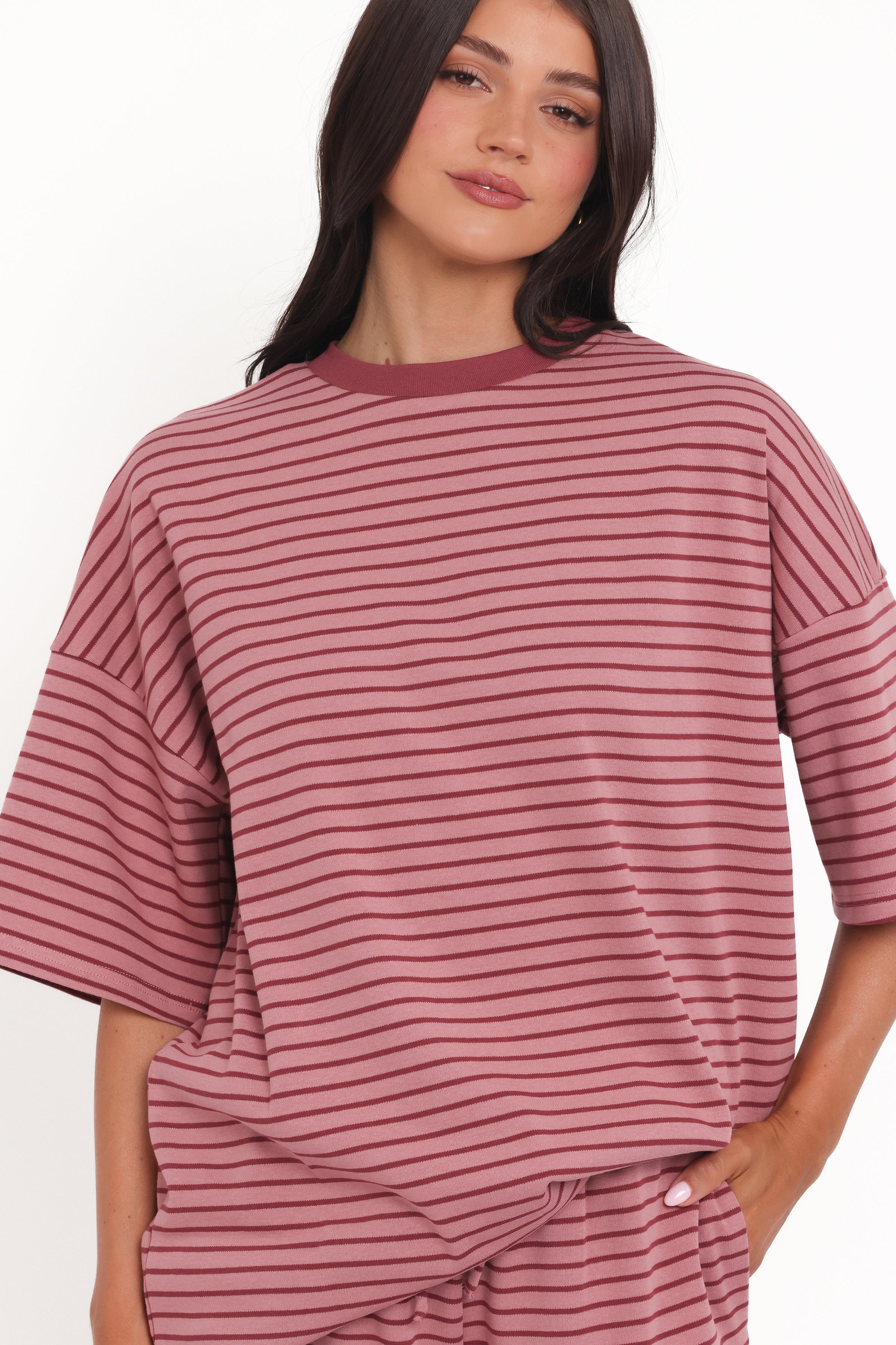 TOPS @Wilda Oversized Tee - Pink Red Stripe