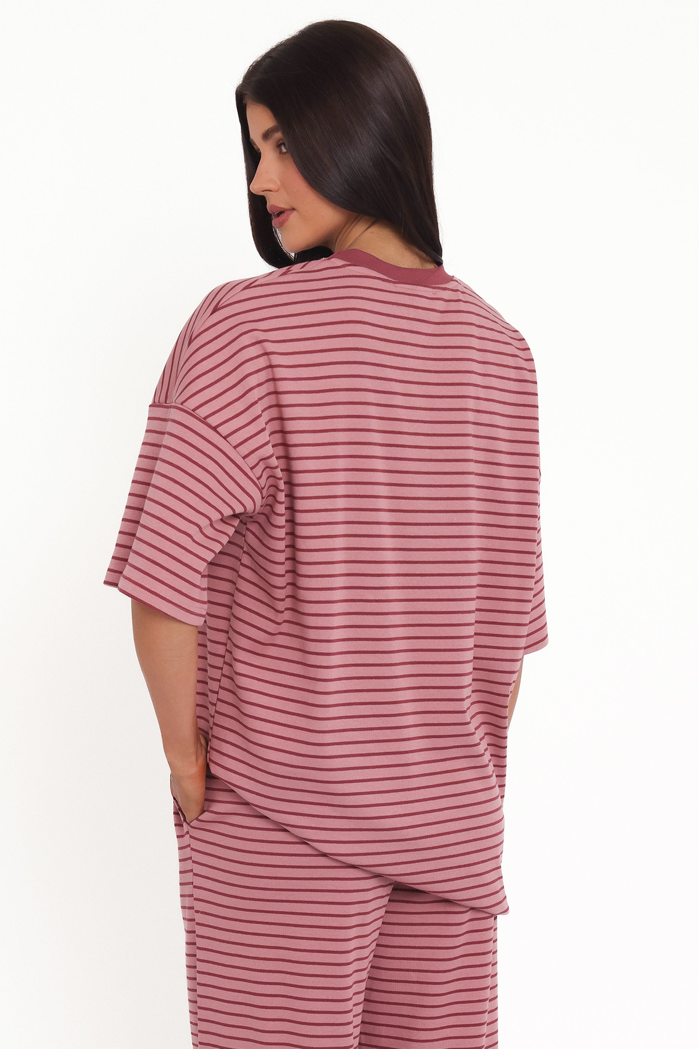 TOPS @Wilda Oversized Tee - Pink Red Stripe