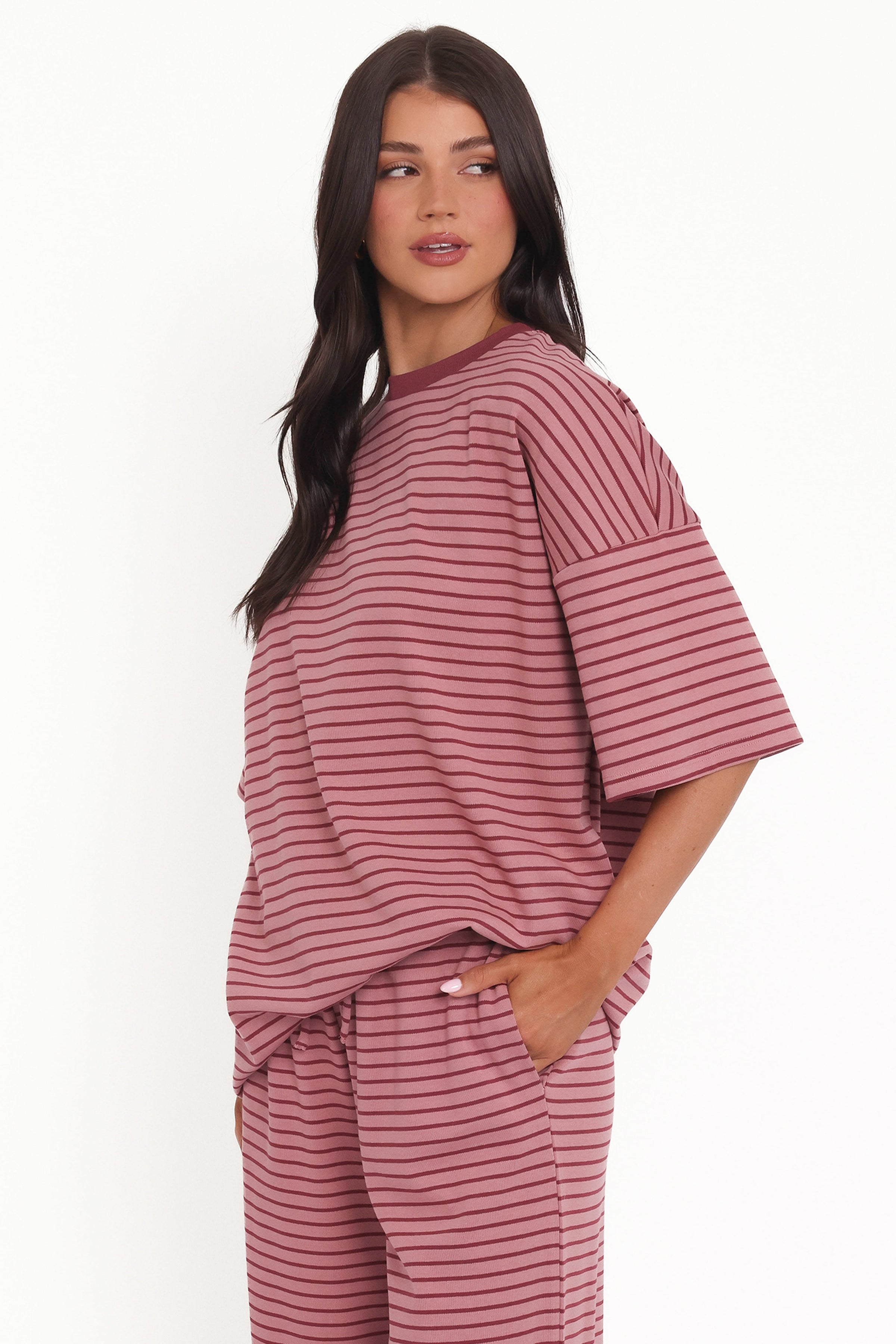 TOPS @Wilda Oversized Tee - Pink Red Stripe