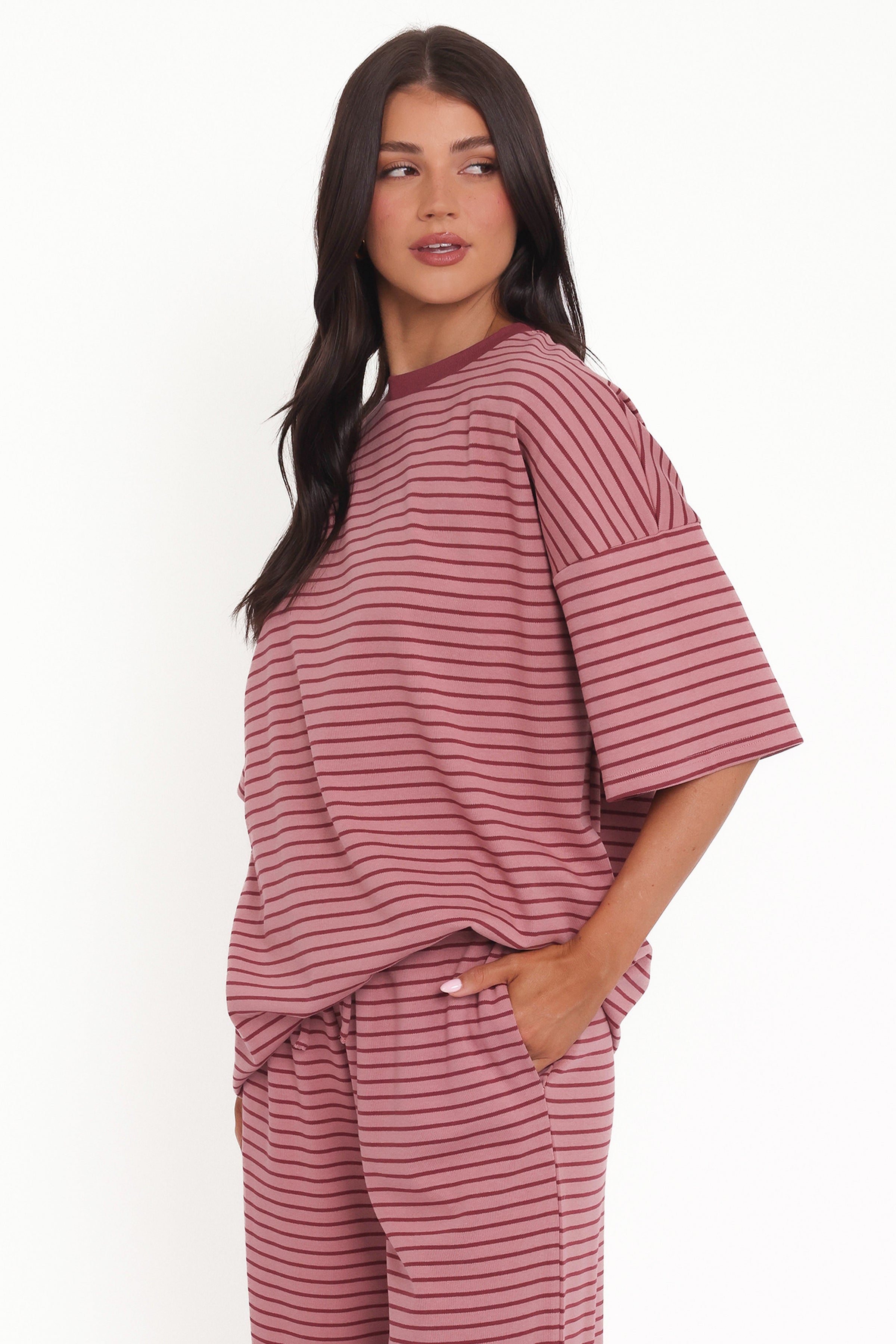 TOPS @Wilda Oversized Tee - Pink Red Stripe