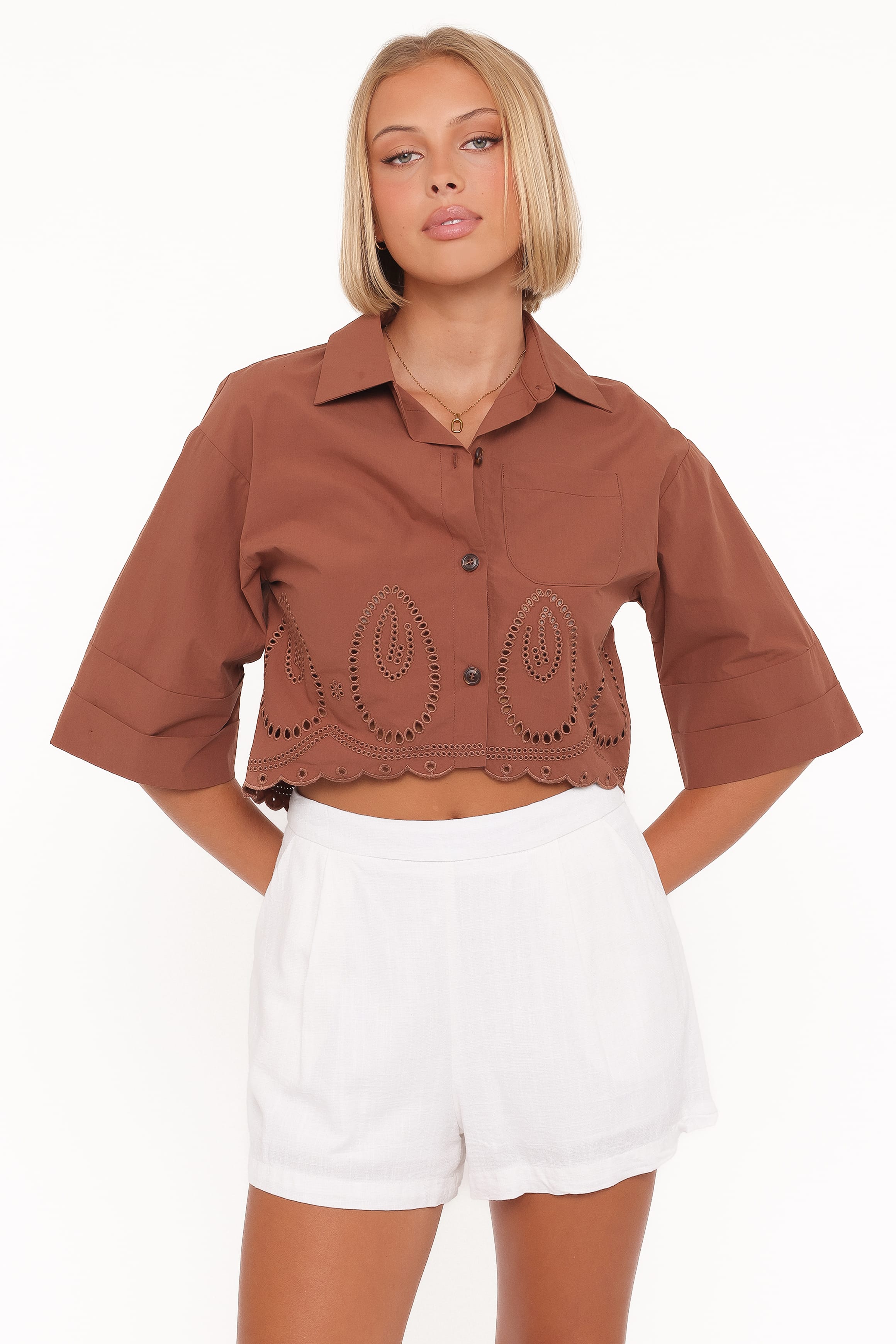 TOPS Williams Cropped Eyelet Button Up Shirt - Brown