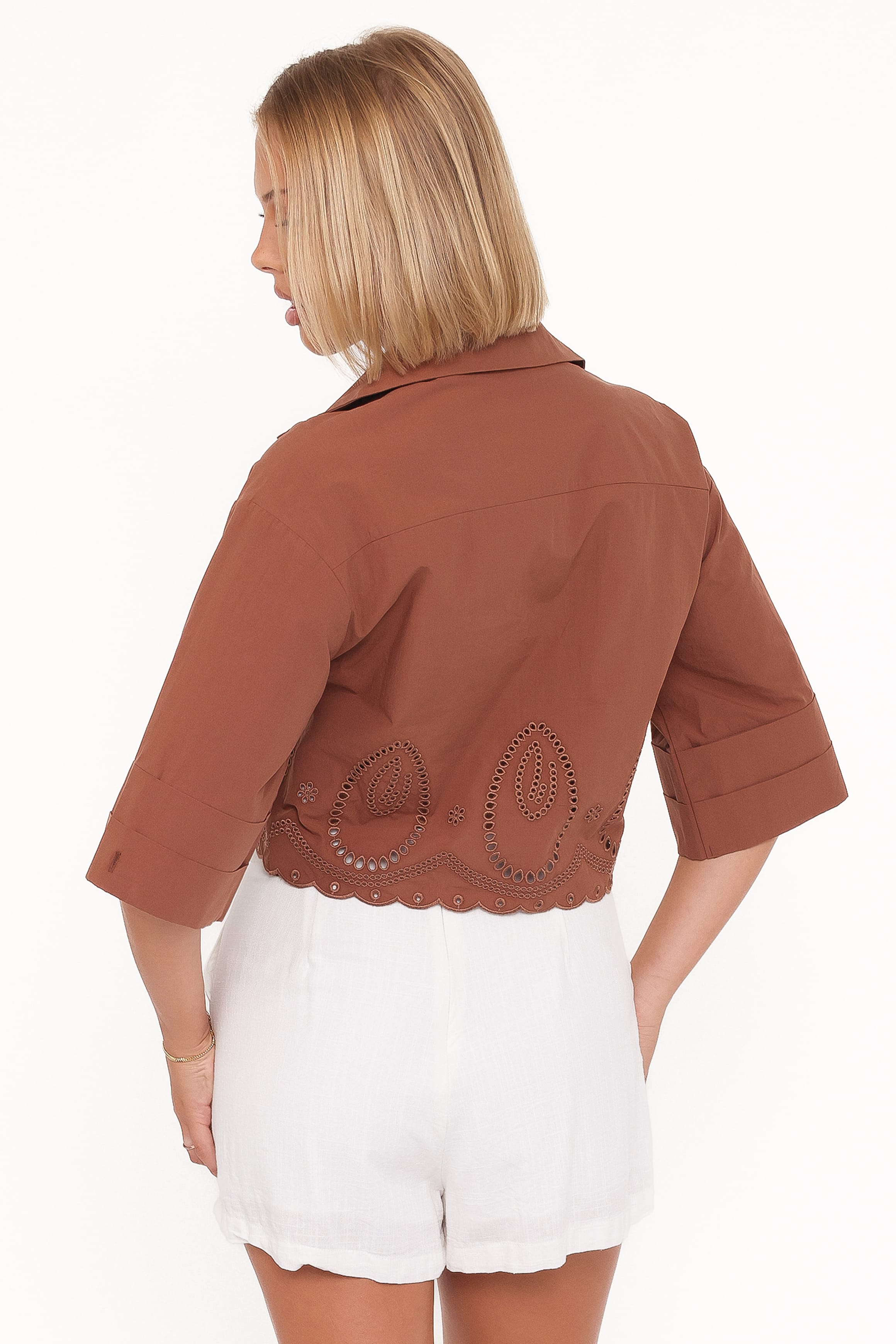 TOPS Williams Cropped Eyelet Button Up Shirt - Brown