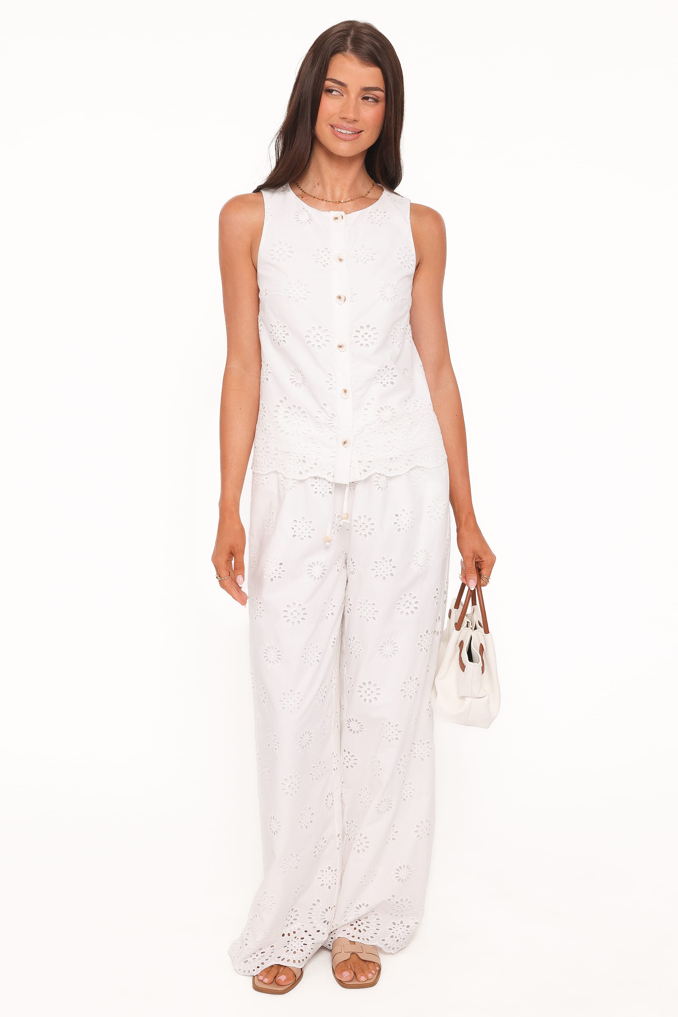TOPS Winny Button Front Top - White Broderie