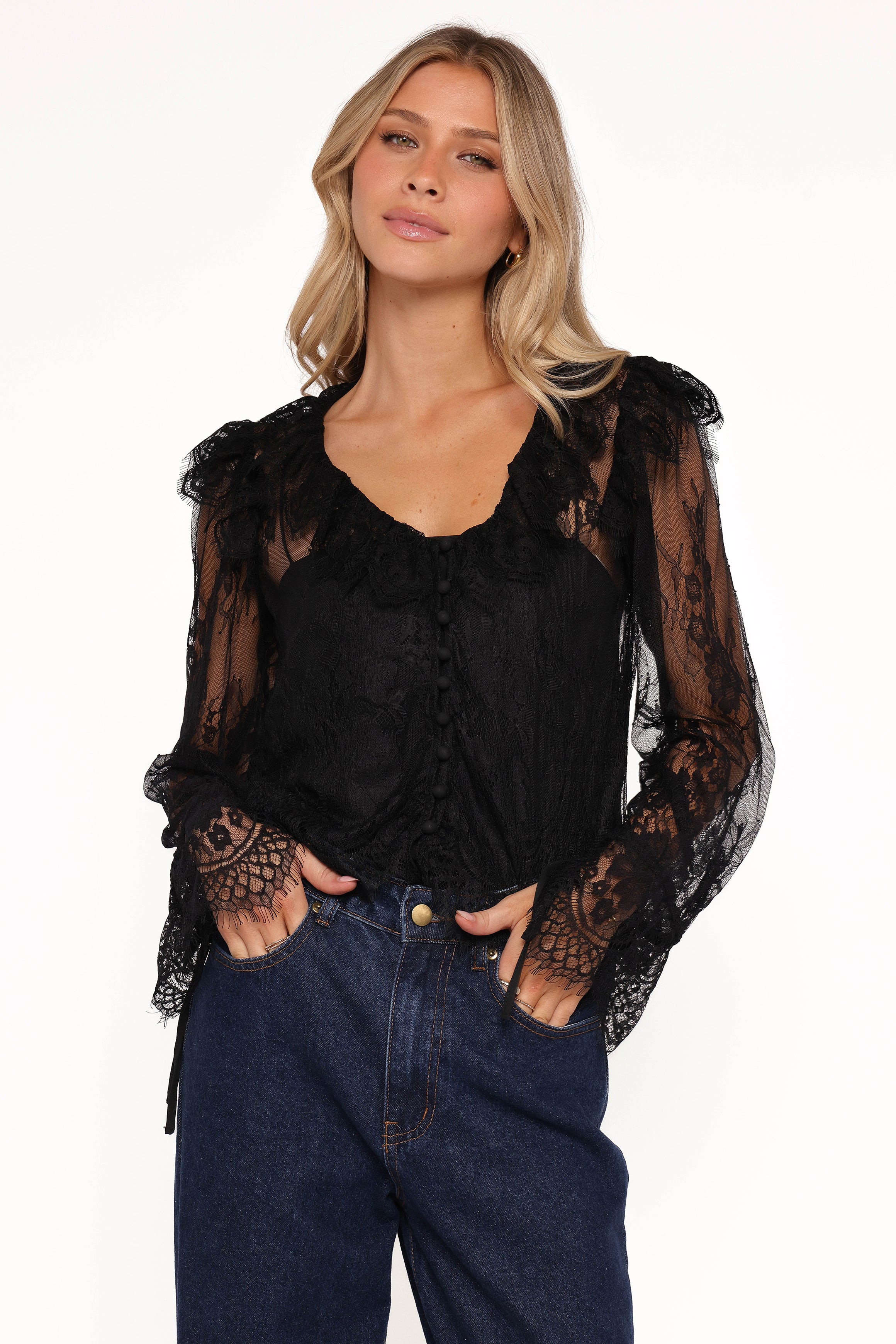 TOPS Yeva Lace Button Up Blouse - Black