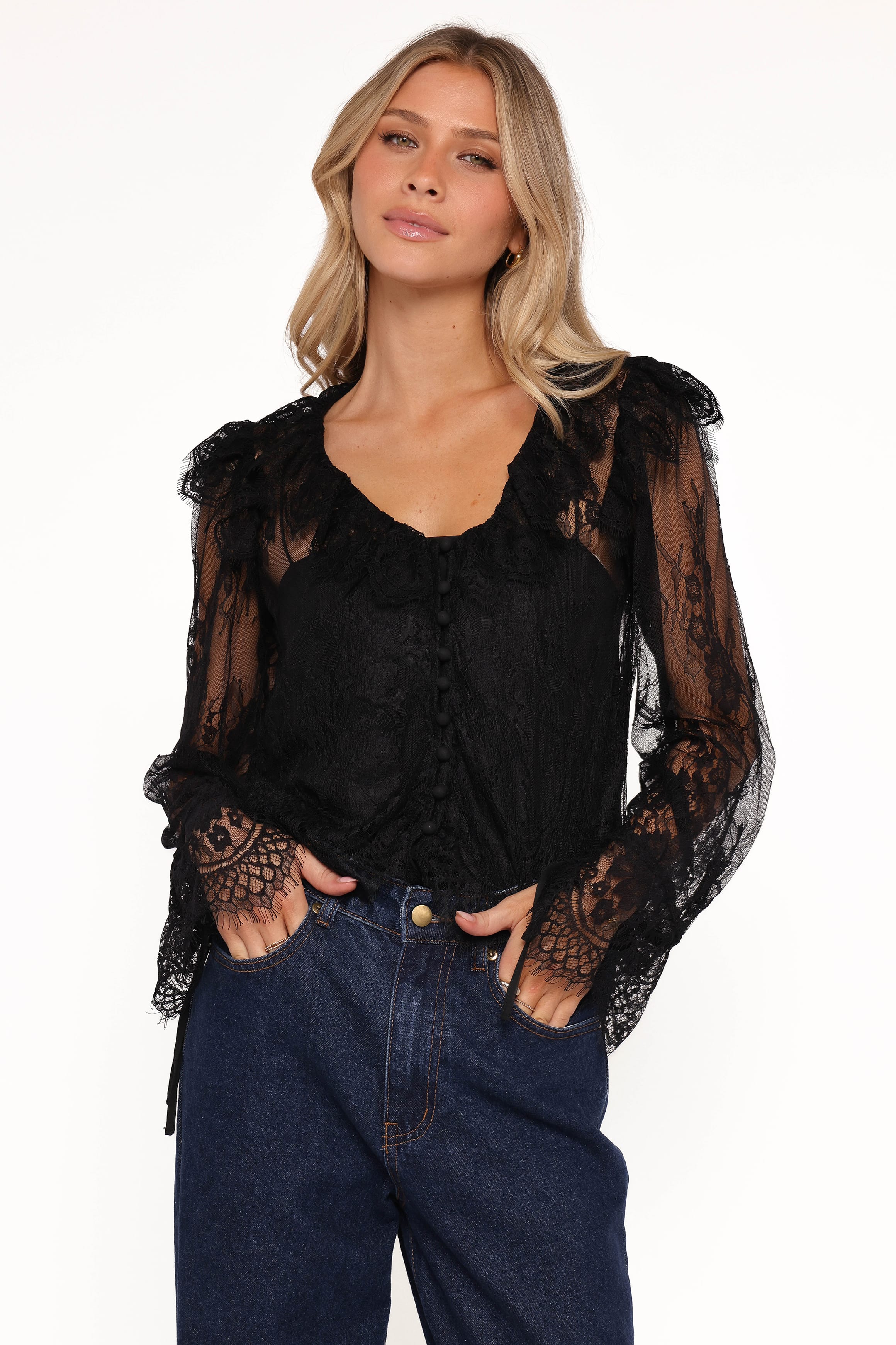 TOPS Yeva Lace Button Up Blouse - Black