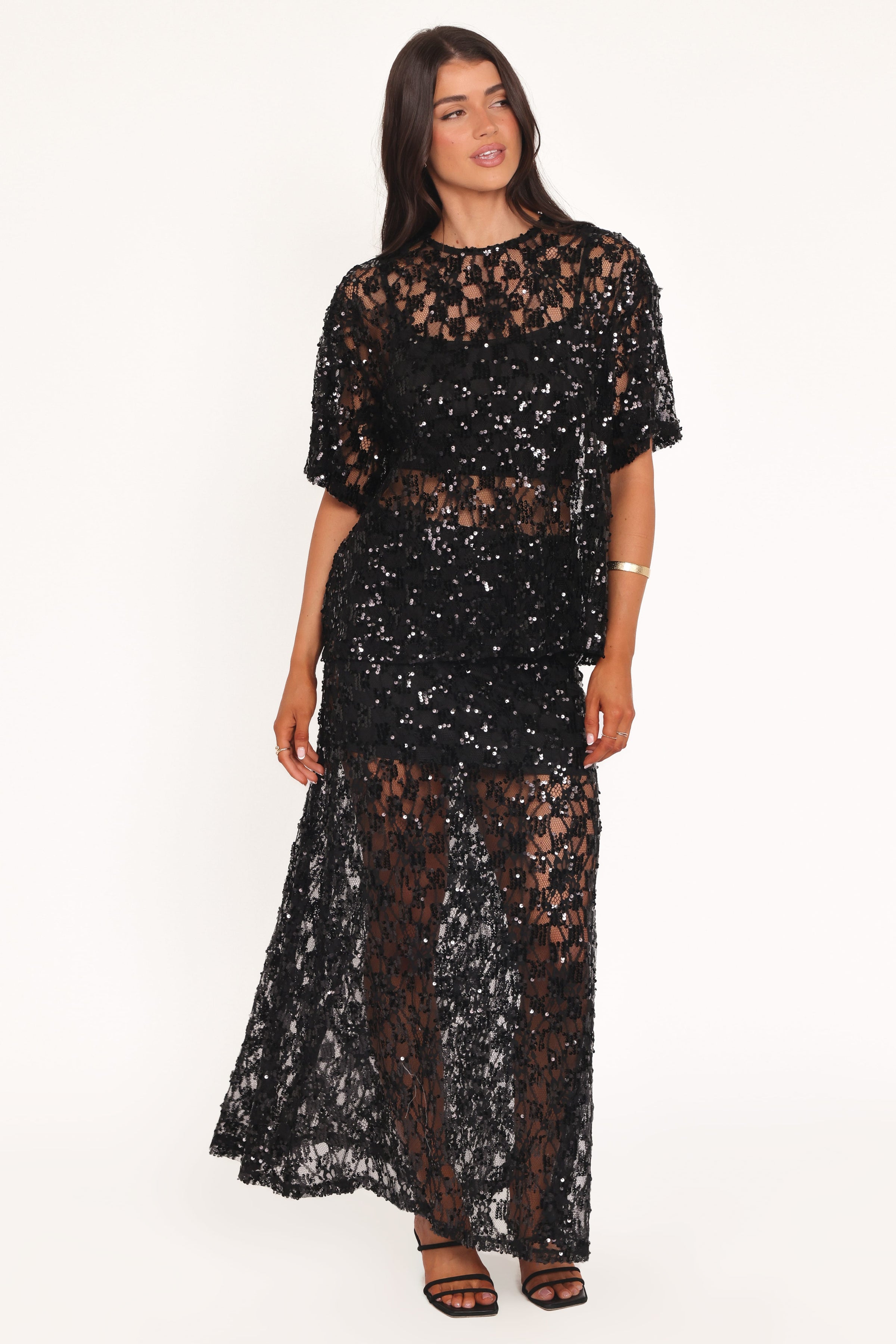 TOPS Yonder Sheer Lace Tee Top - Black