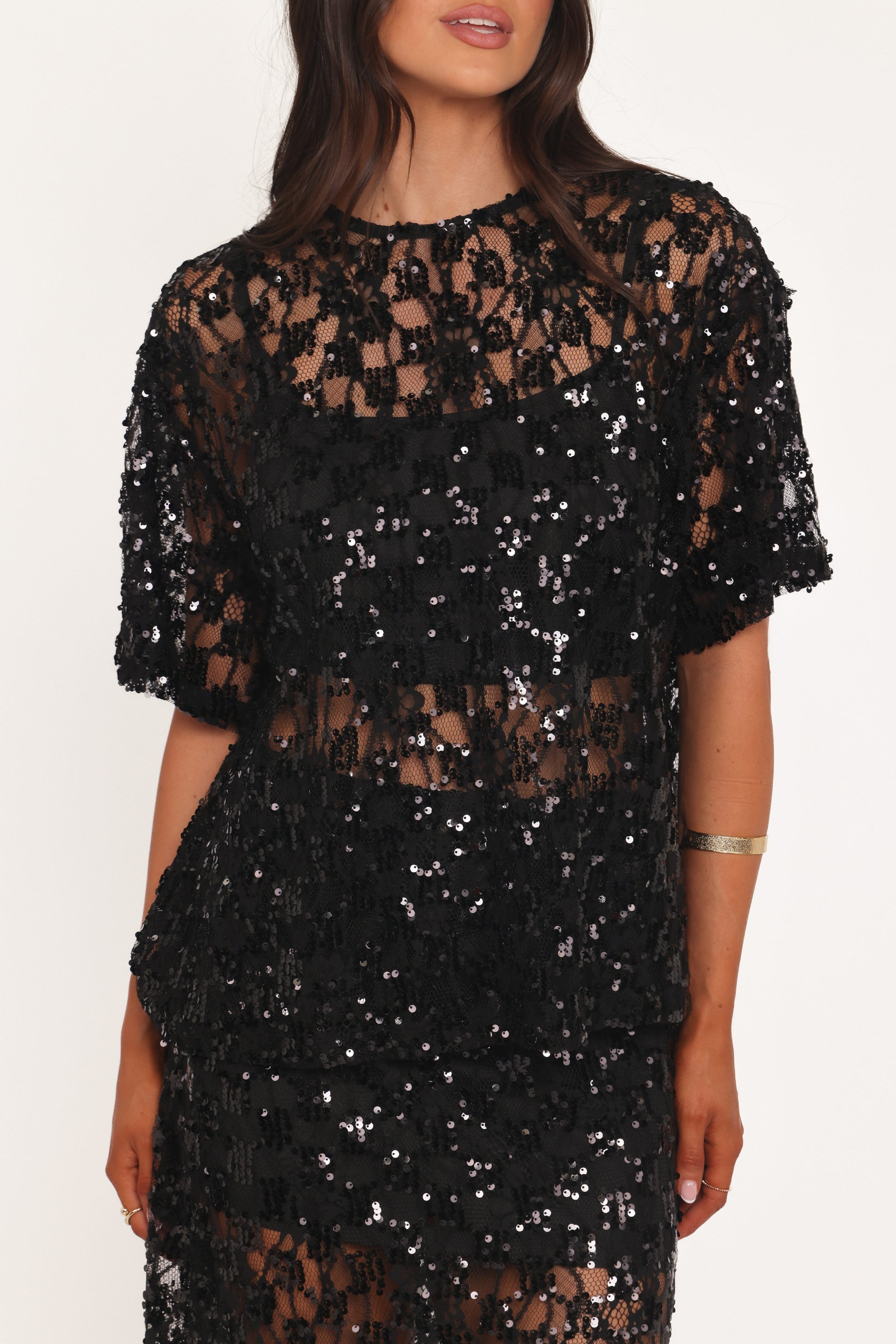TOPS Yonder Sheer Lace Tee Top - Black