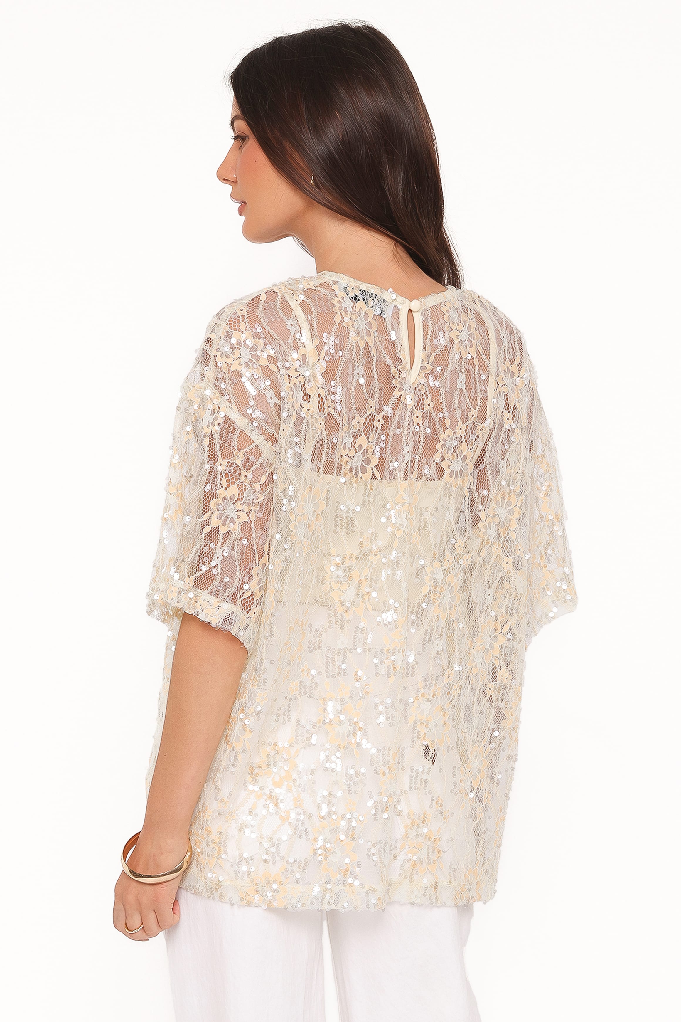TOPS Yonder Sheer Lace Tee Top - Pale Yellow