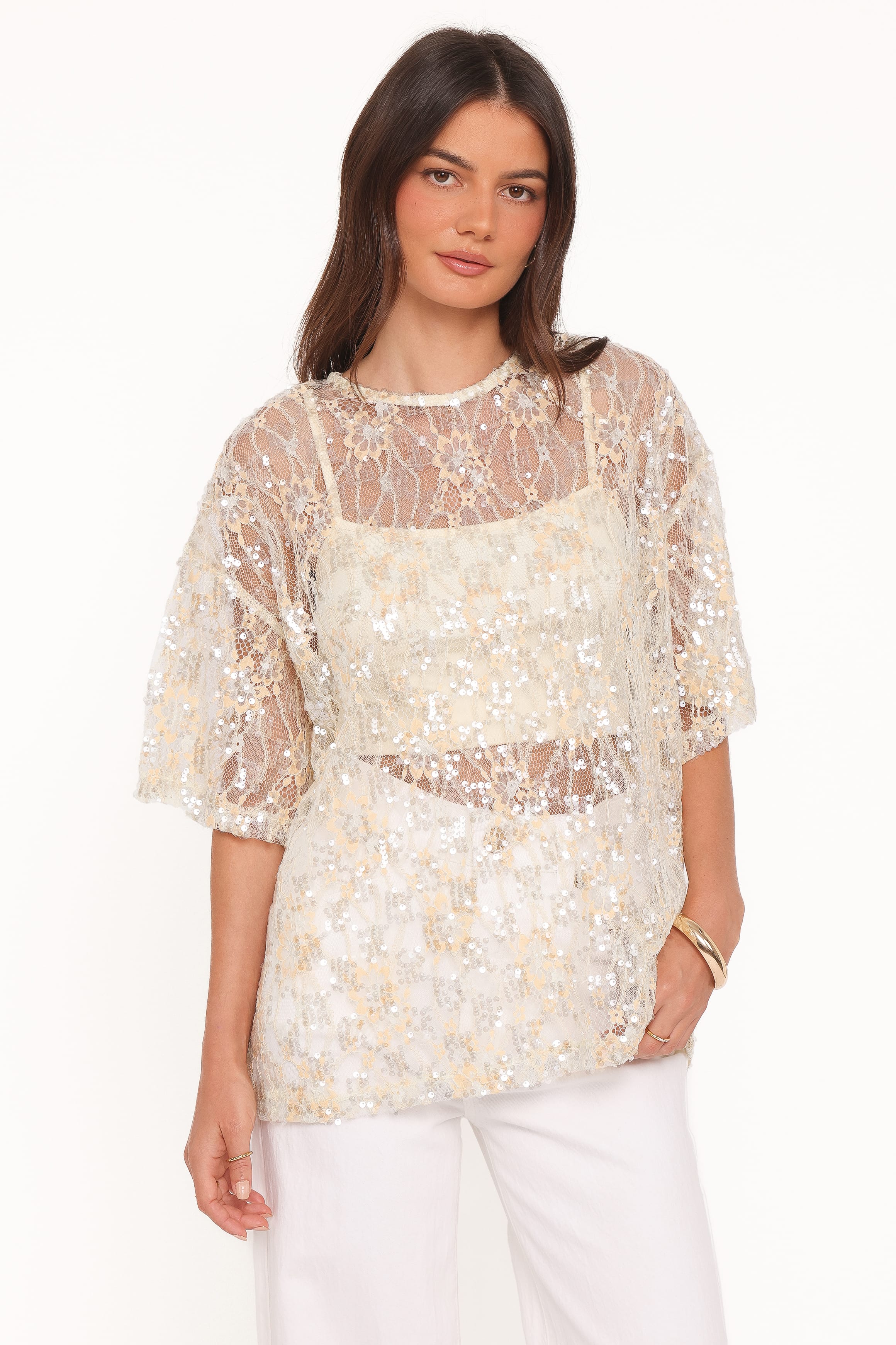TOPS Yonder Sheer Lace Tee Top - Pale Yellow