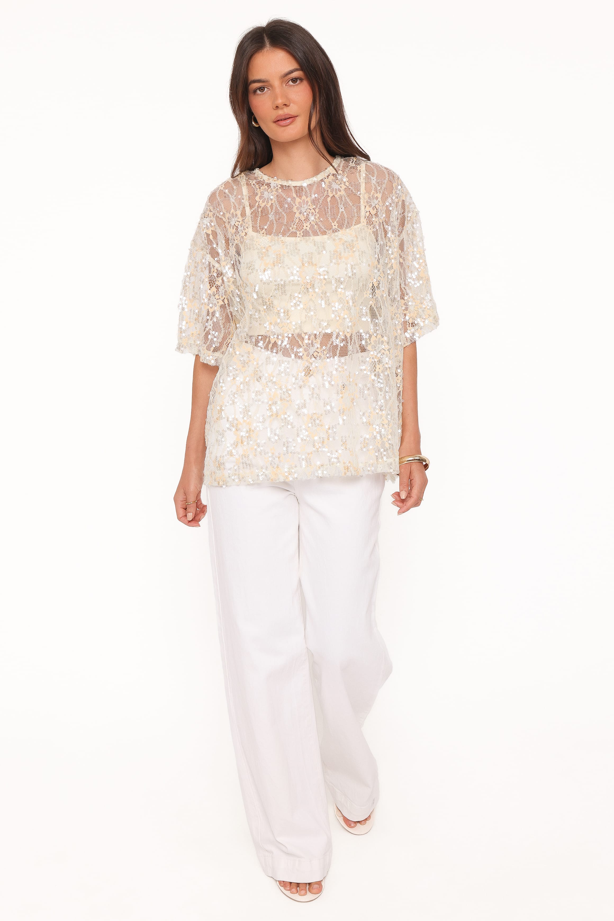 TOPS Yonder Sheer Lace Tee Top - Pale Yellow